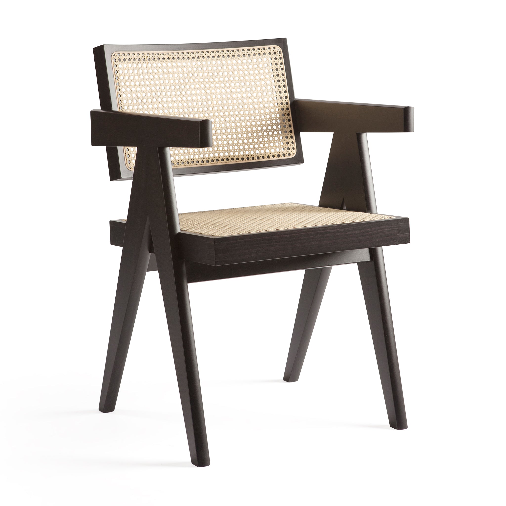 Main view of an authentic chandigarh armchair, pierre jeanneret era, black frame, viennese cane, produced by Klarel #K34-2