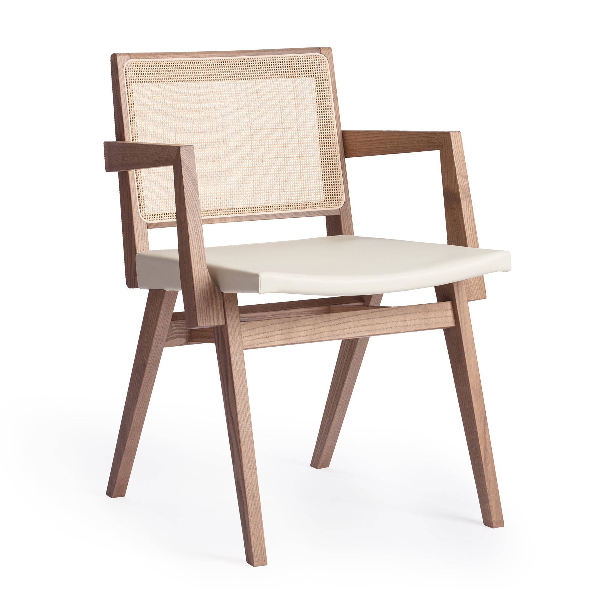 Main view of an "Elye" designer dining chair, walnut stained ash frame, square weave cane back, contract grade off white leather seat, produced by Klarel in Italy. #K40-1