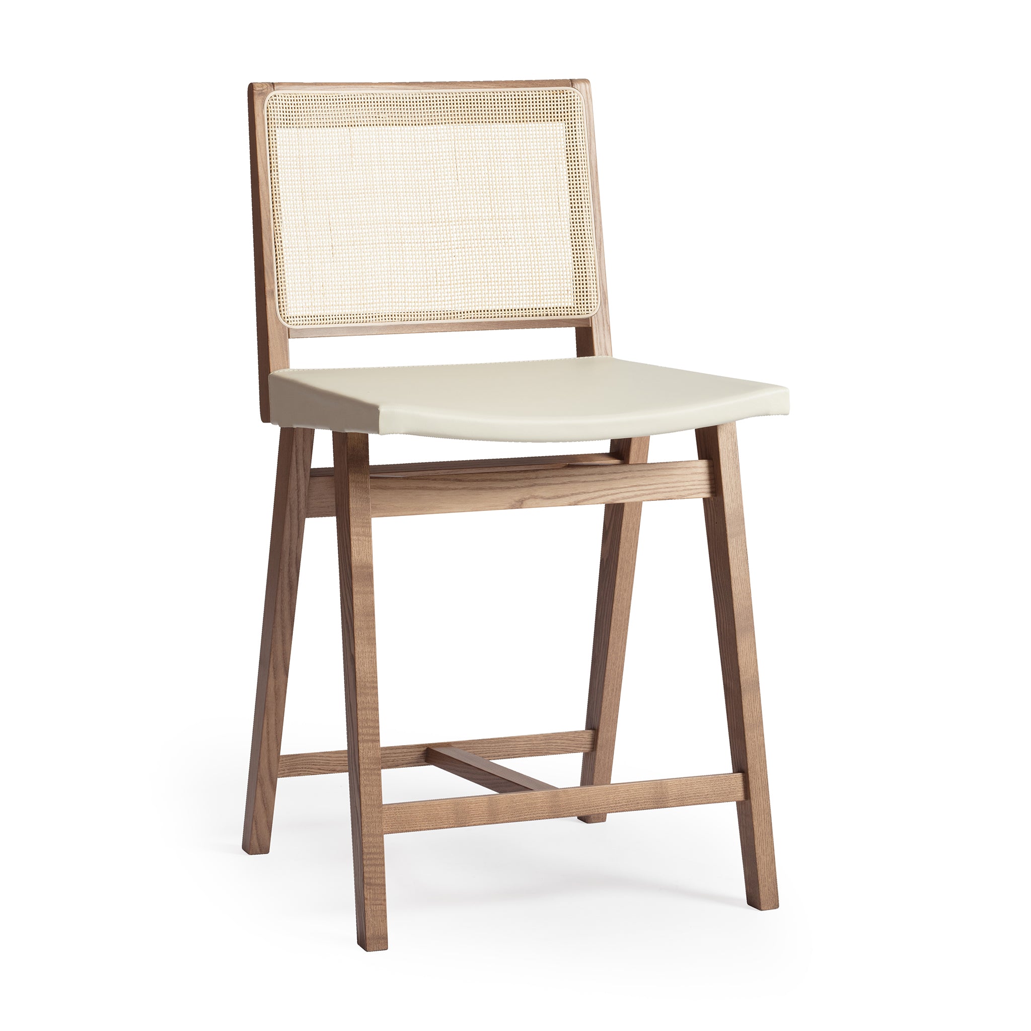 Main view of an Elye modern kitchen counter stool, walnut stained ash frame, square weave cane back, contract grade off white leather seat, produced by Klarel in Italy. #K43-1