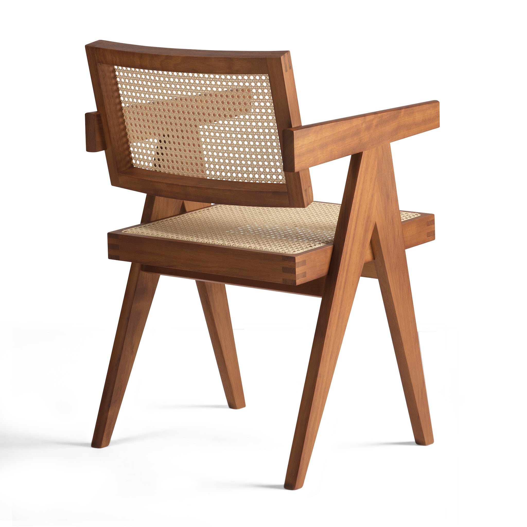 Back view of an authentic chandigarh armchair, pierre jeanneret era, teak frame, viennese cane, produced by Klarel #K34-1