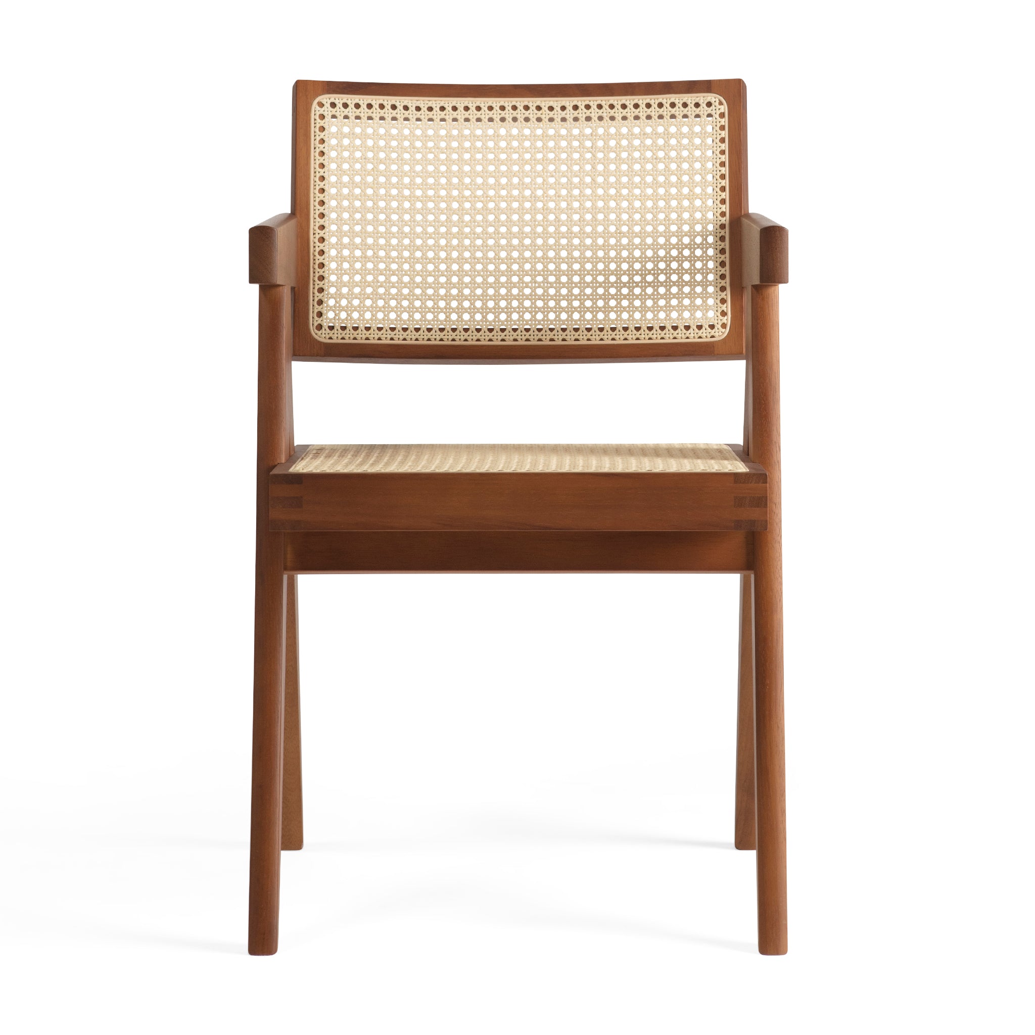 Front view of an authentic chandigarh armchair, pierre jeanneret era, teak frame, viennese cane, produced by Klarel #K34-1