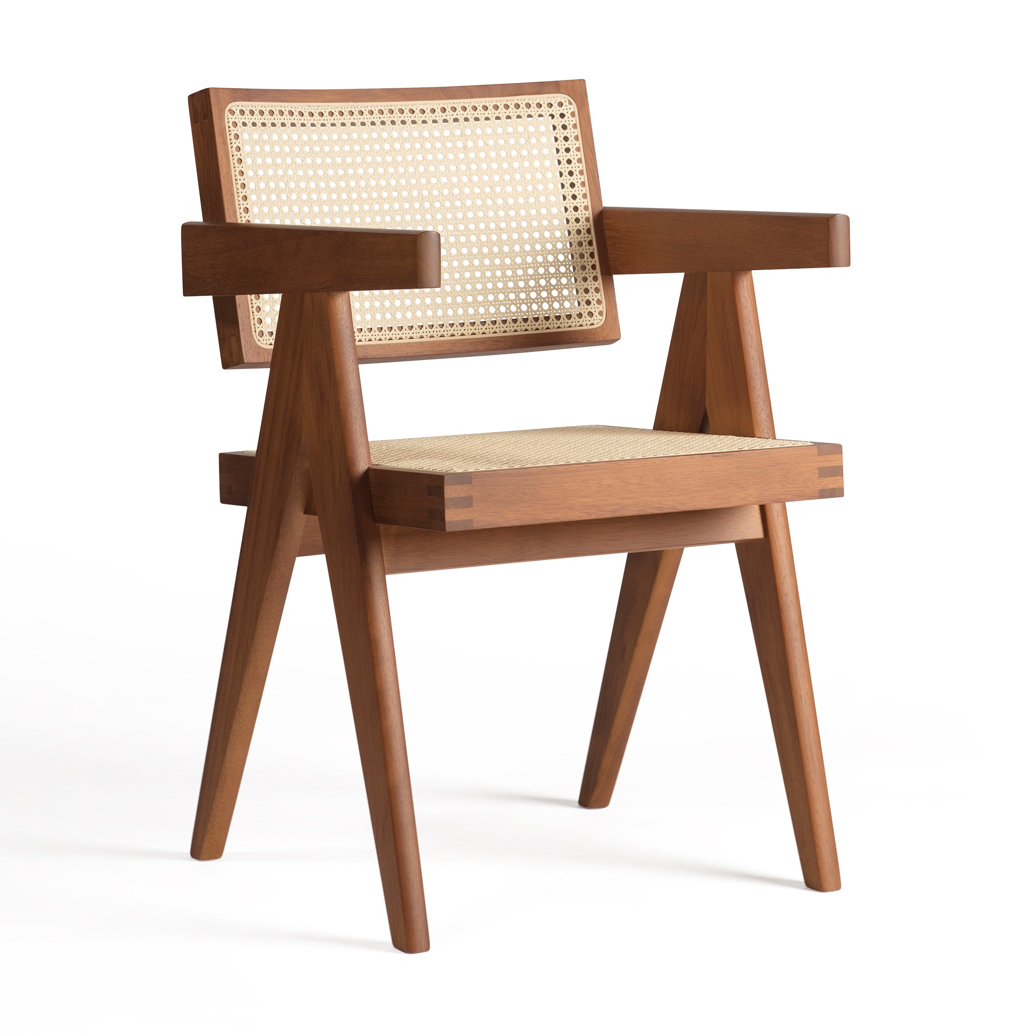 Main view of an authentic chandigarh armchair, pierre jeanneret era, teak frame, viennese cane, produced by Klarel #K34-1