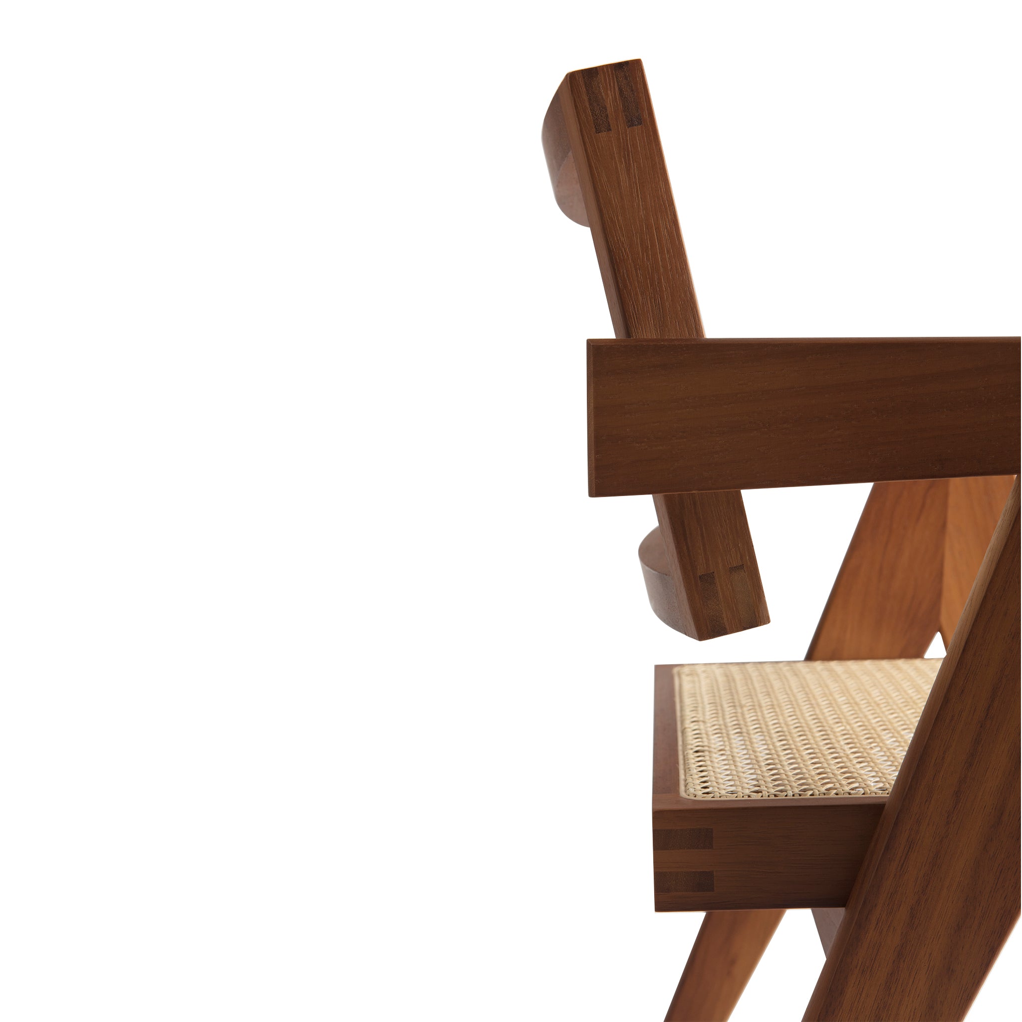 Close-up 2 of an authentic chandigarh armchair, pierre jeanneret era, teak frame, viennese cane, produced by Klarel #K34-1