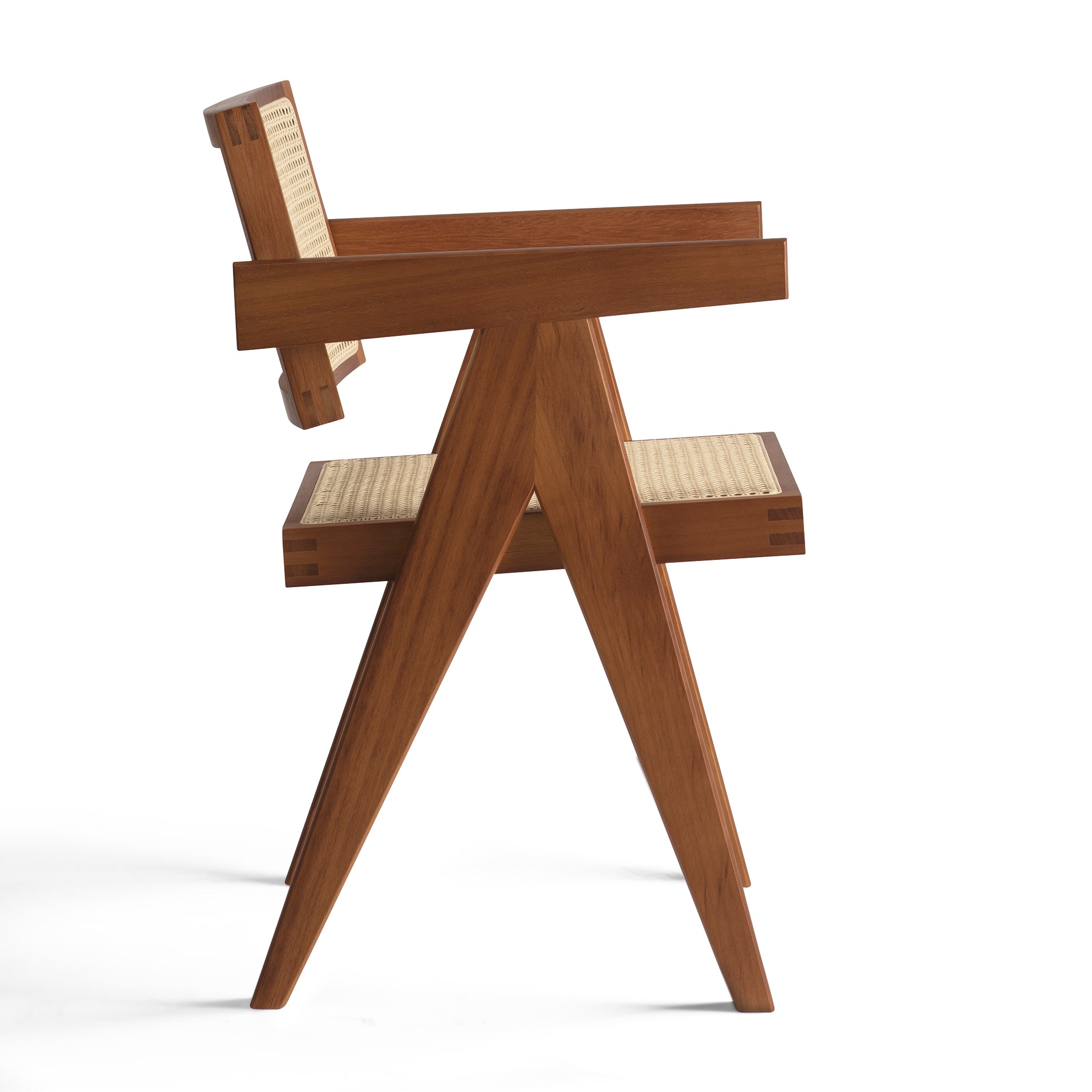 Side view of an authentic chandigarh armchair, pierre jeanneret era, teak frame, viennese cane, produced by Klarel #K34-1