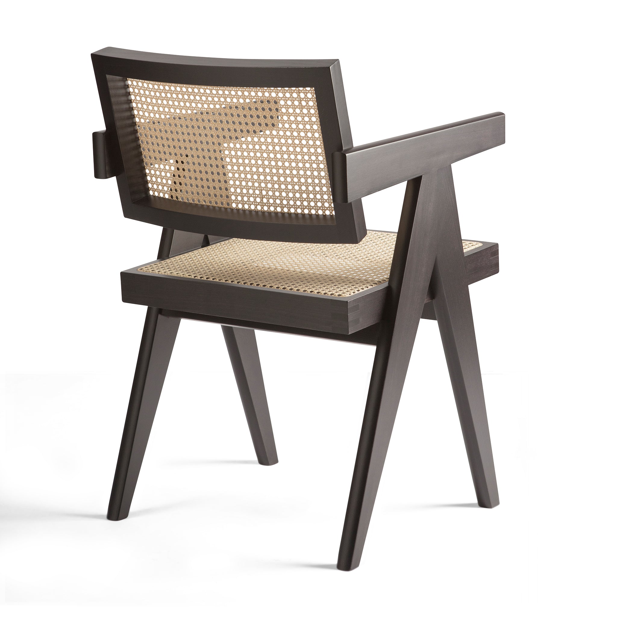 Back view of an authentic chandigarh armchair, pierre jeanneret era, black frame, viennese cane, produced by Klarel #K34-2