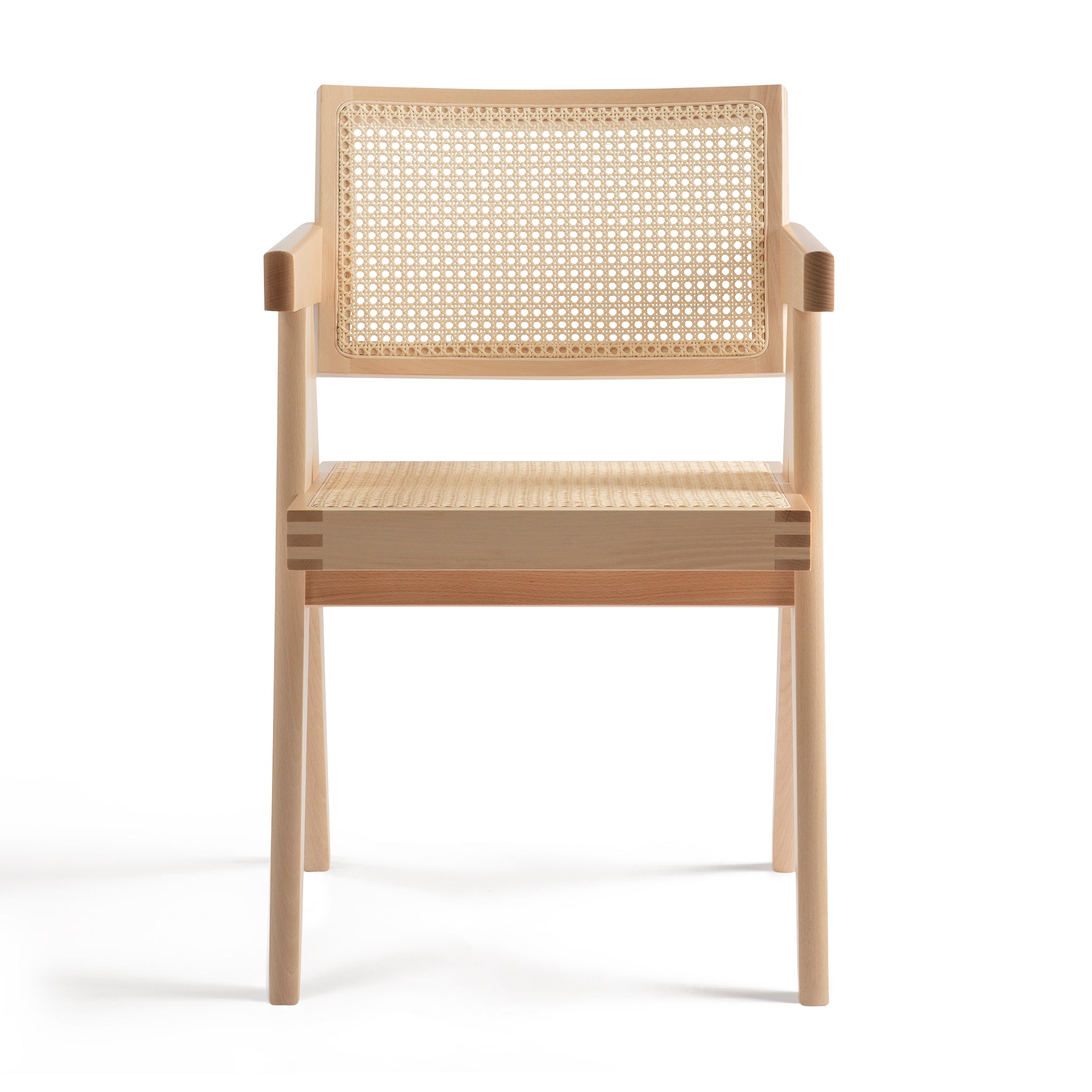 Front view of an authentic chandigarh armchair with a natural oak frame, viennese cane, pierre jeanneret era, produced by Klarel #K34-3