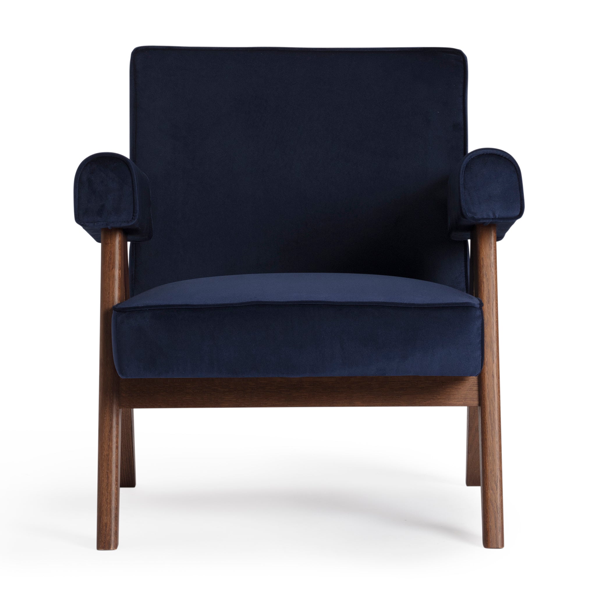 Front view of an authentic chandigarh lounge chair, pierre jeanneret era, walnut oak frame, navy blue velvet upholstery, by Klarel #K35-10