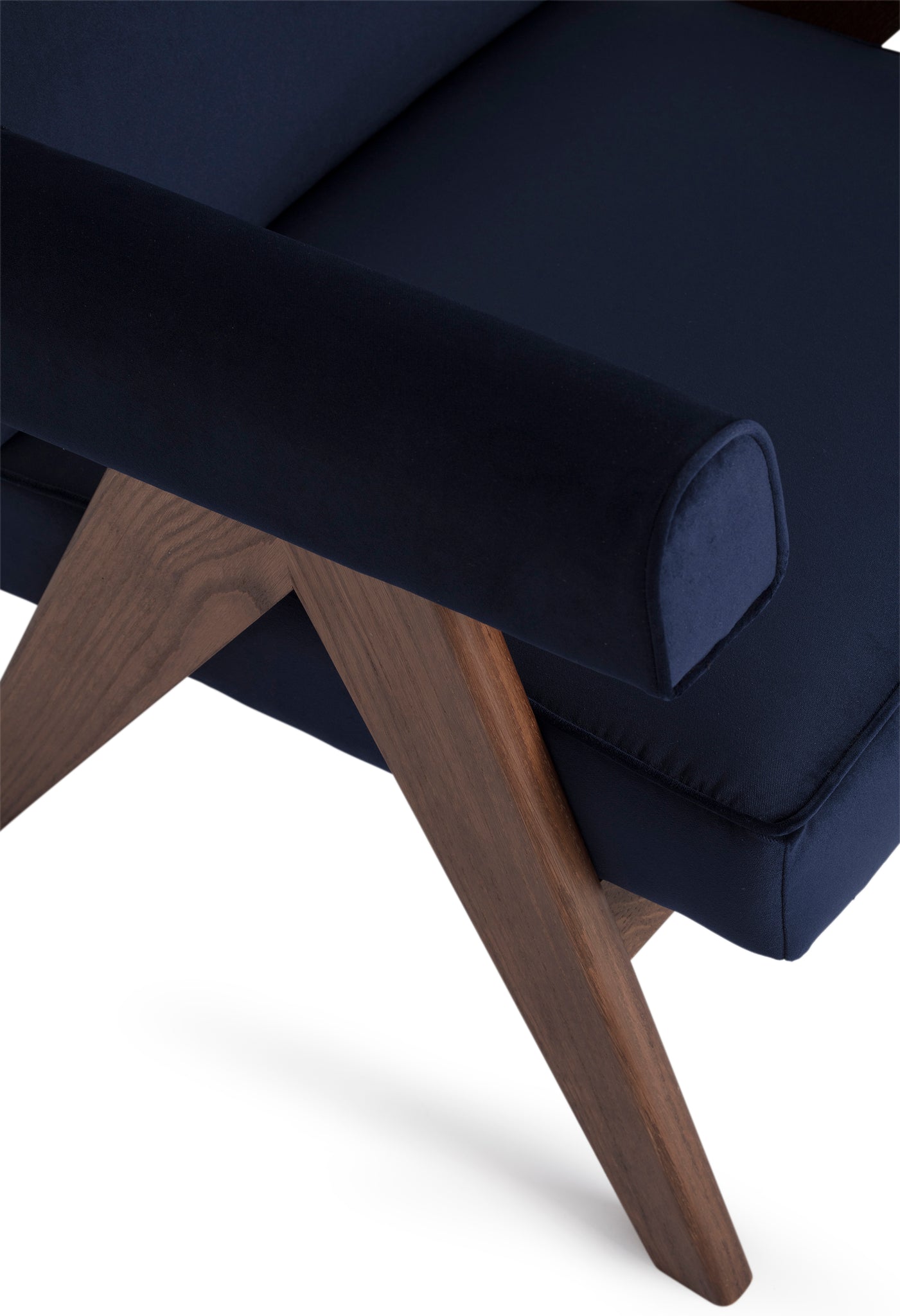 Close-up 1 of an authentic chandigarh lounge chair, pierre jeanneret era, walnut oak frame, navy blue velvet upholstery, by Klarel #K35-10