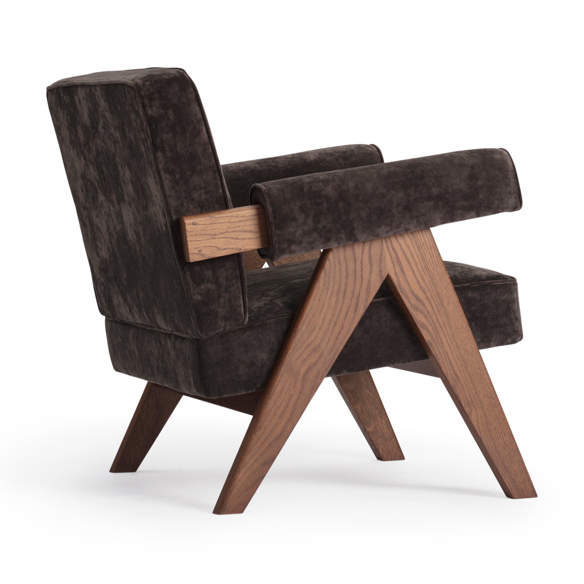 Back view of an authentic chandigarh lounge chair, pierre jeanneret era, walnut oak frame, chocolate brown mohair upholstery, by Klarel #K35-15
