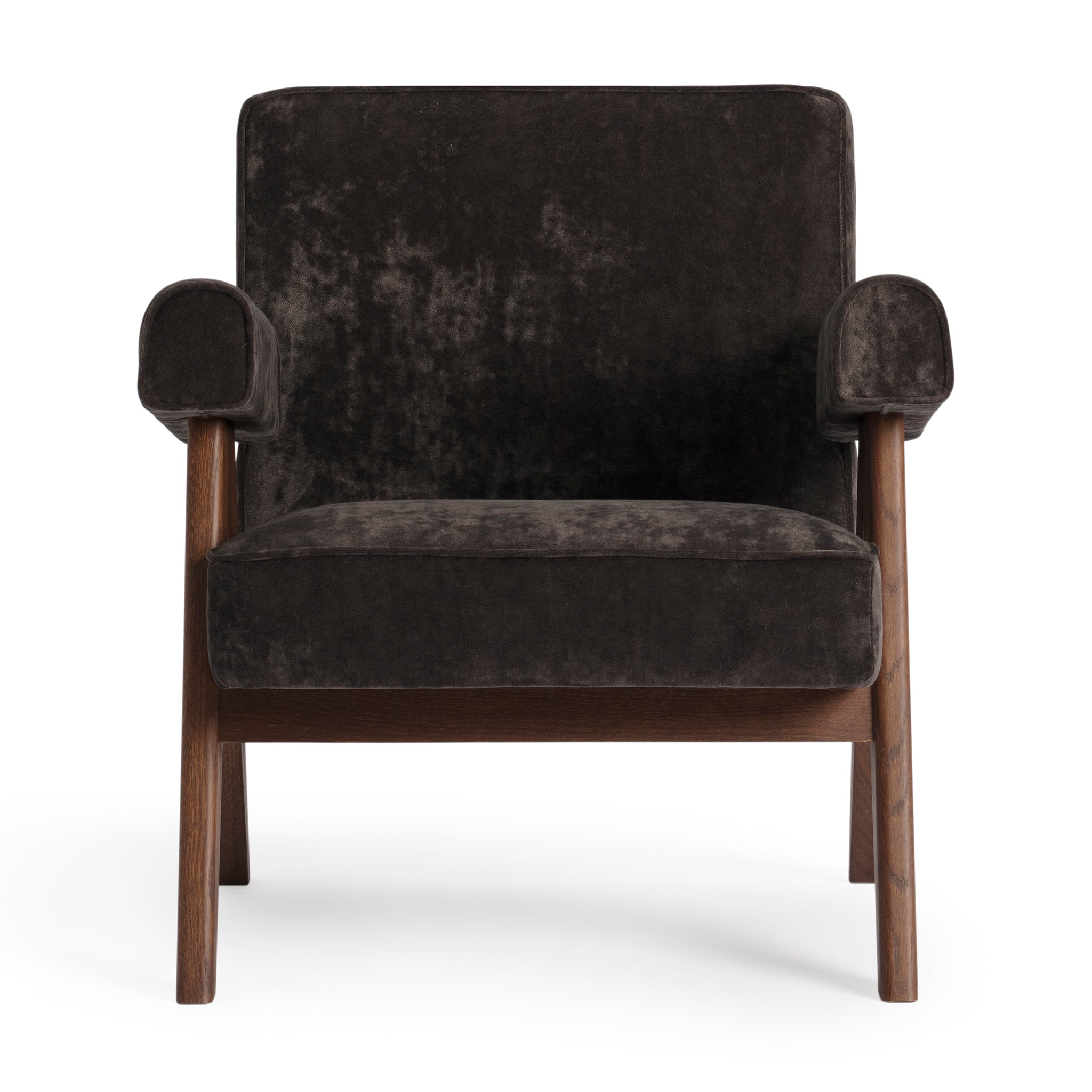 Front view of an authentic chandigarh lounge chair, pierre jeanneret era, walnut oak frame, chocolate brown mohair upholstery, by Klarel #K35-15