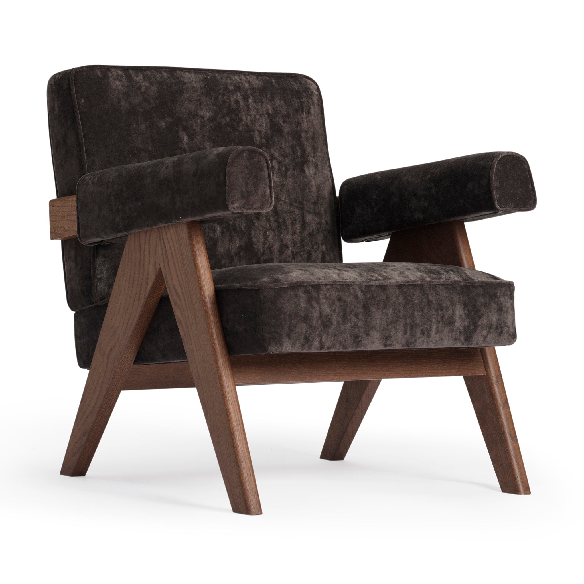 Main view of an authentic chandigarh lounge chair, pierre jeanneret era, walnut oak frame, chocolate brown mohair upholstery, by Klarel #K35-15