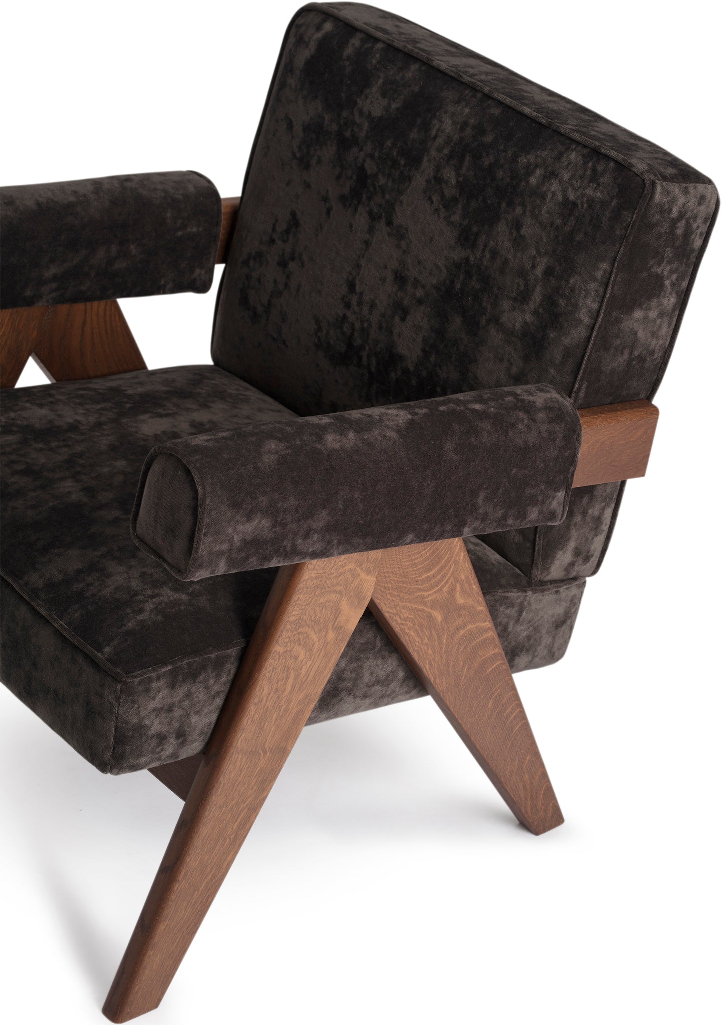 Close-up 1 of an authentic chandigarh lounge chair, pierre jeanneret era, walnut oak frame, chocolate brown mohair upholstery, by Klarel #K35-15