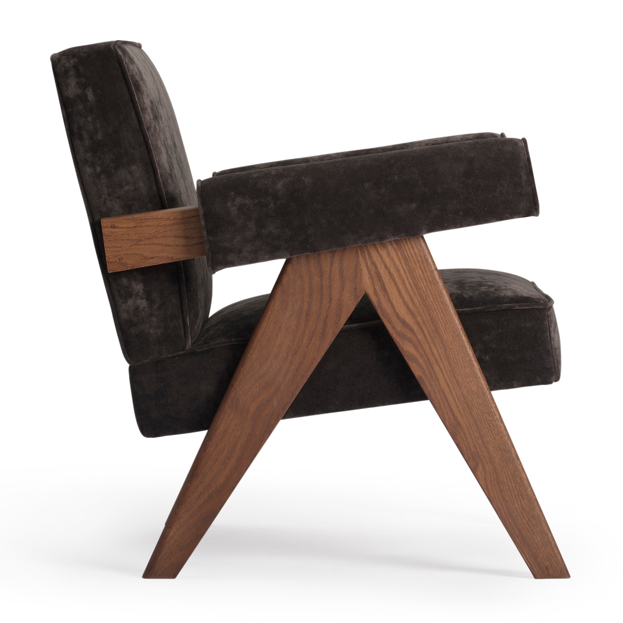 Side view of an authentic chandigarh lounge chair, pierre jeanneret era, walnut oak frame, chocolate brown mohair upholstery, by Klarel #K35-15