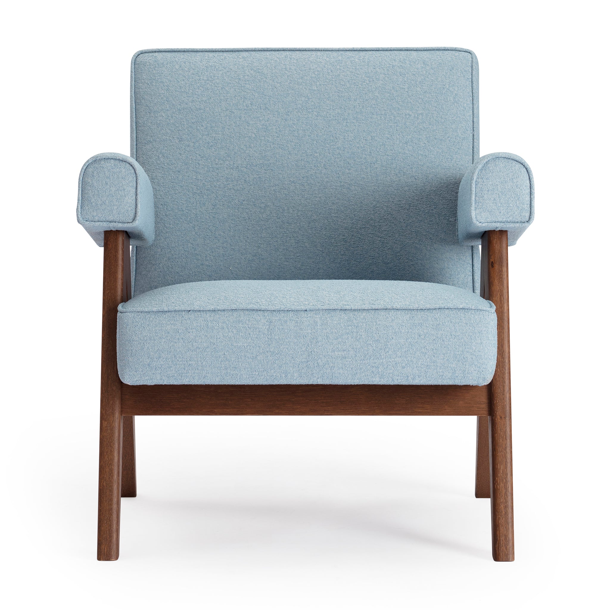 Front view of an authentic chandigarh lounge chair, pierre jeanneret era, walnut oak frame, blue boucle upholstery, by Klarel #K35-1