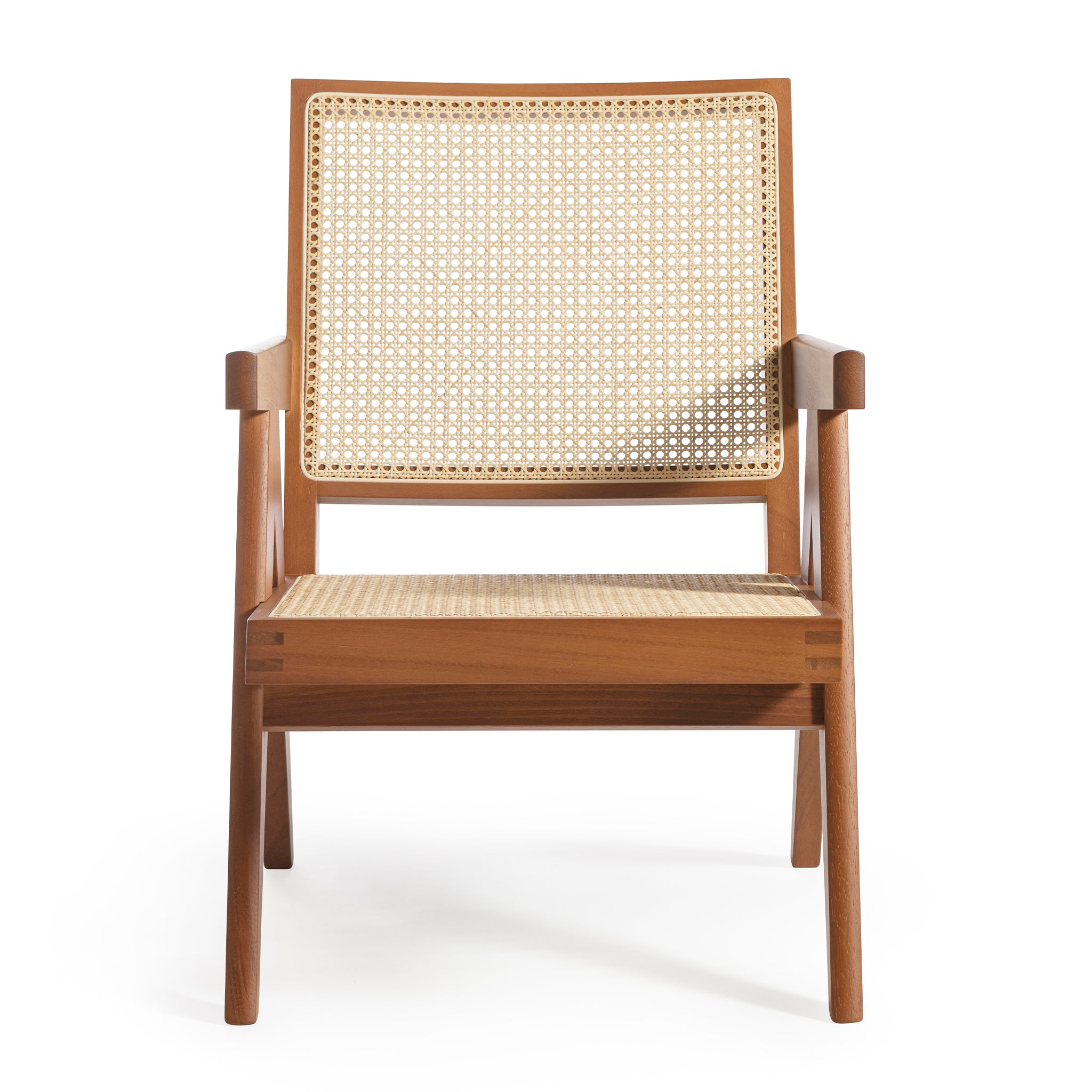 Front view of an authentic chandigarh living room chair with a teak frame, viennese cane, pierre jeanneret era, produced by Klarel #K36-1