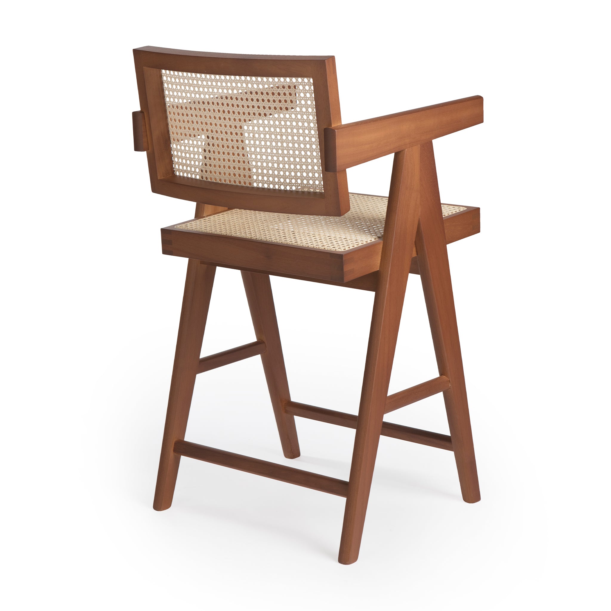 Back view of an authentic chandigarh armed counter stool, pierre jeanneret era, teak frame, viennese cane, produced by Klarel #K37-1