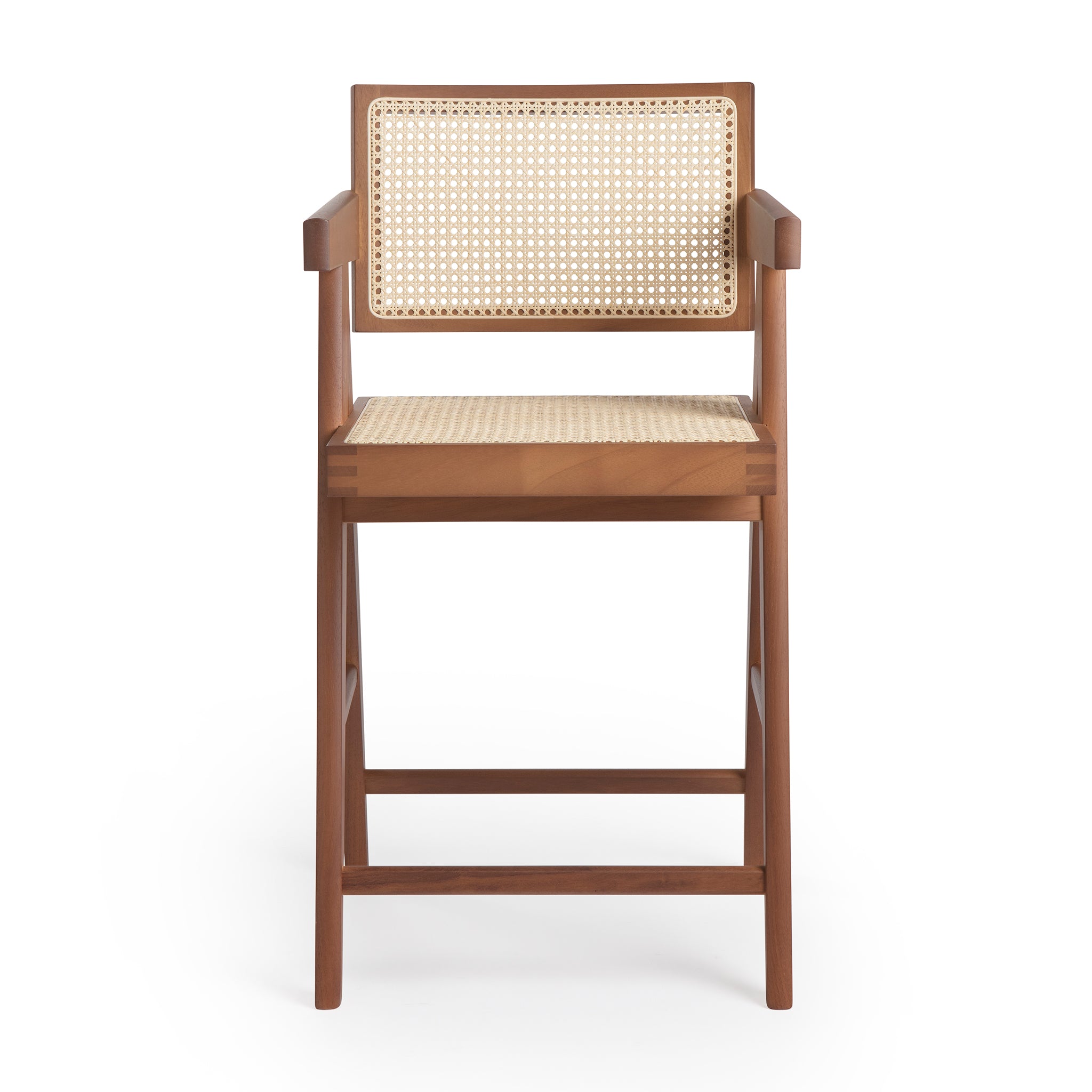 Front view of an authentic chandigarh armed counter stool, pierre jeanneret era, teak frame, viennese cane, produced by Klarel #K37-1