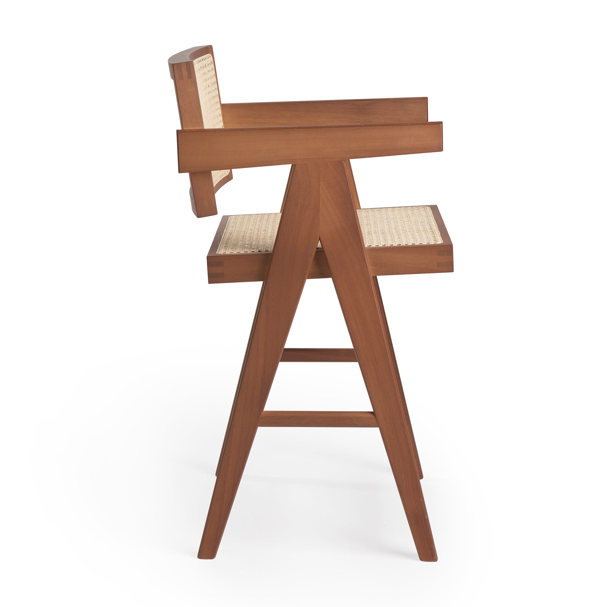 Side view of an authentic chandigarh armed counter stool, pierre jeanneret era, teak frame, viennese cane, produced by Klarel #K37-1