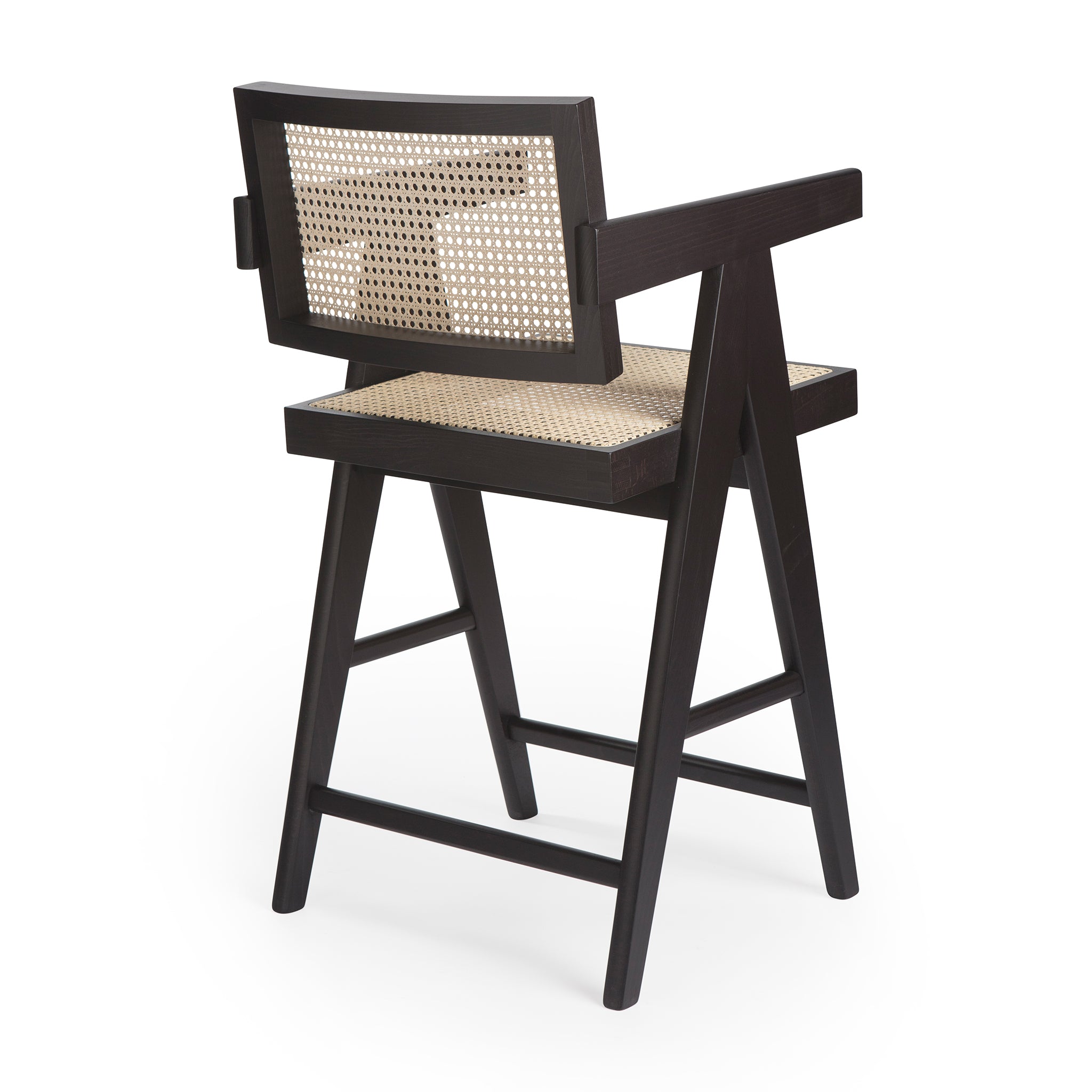 Back view of an authentic chandigarh counter stool, pierre jeanneret era, black frame, viennese cane, produced by Klarel #K37-2