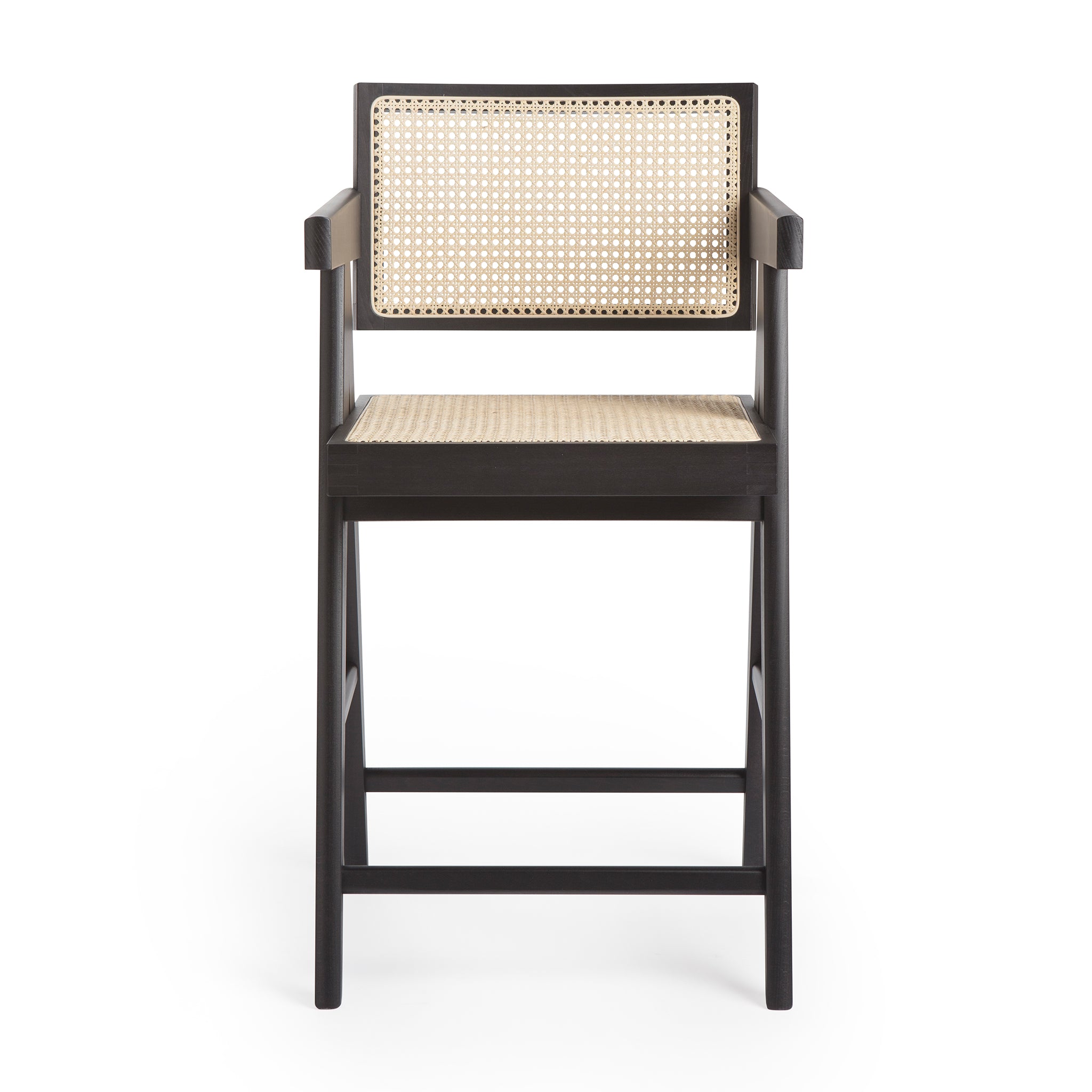 Front view of an authentic chandigarh counter stool, pierre jeanneret era, black frame, viennese cane, produced by Klarel #K37-2