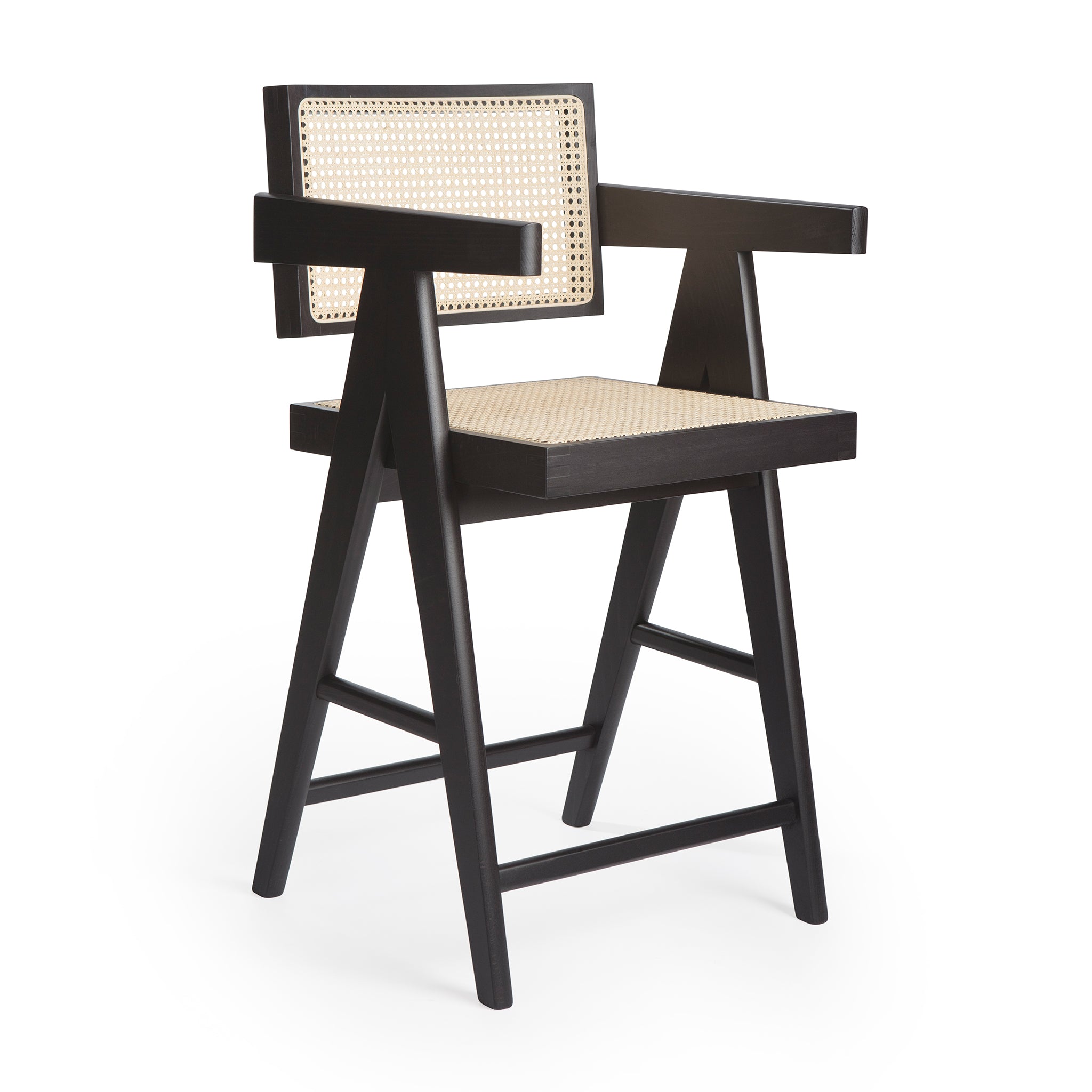 Main view of an authentic chandigarh counter stool, pierre jeanneret era, black frame, viennese cane, produced by Klarel #K37-2