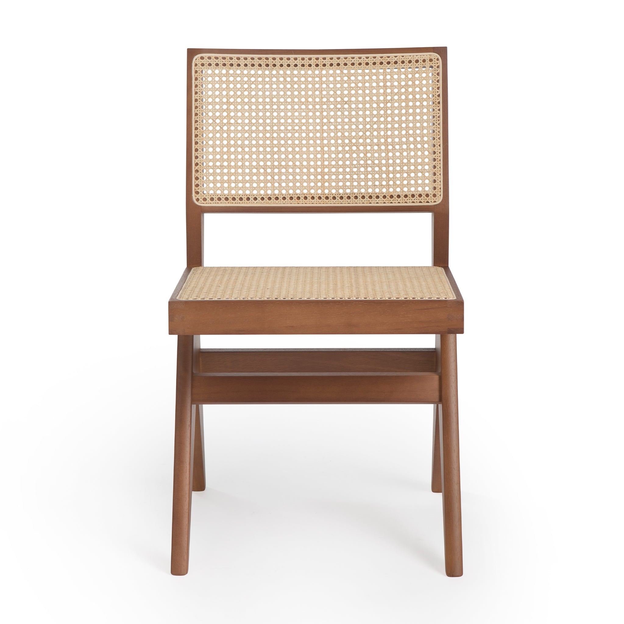 Close-up 2 of an authentic chandigarh side chair, pierre jeanneret era, teak frame, viennese cane, produced by Klarel. #K38-1