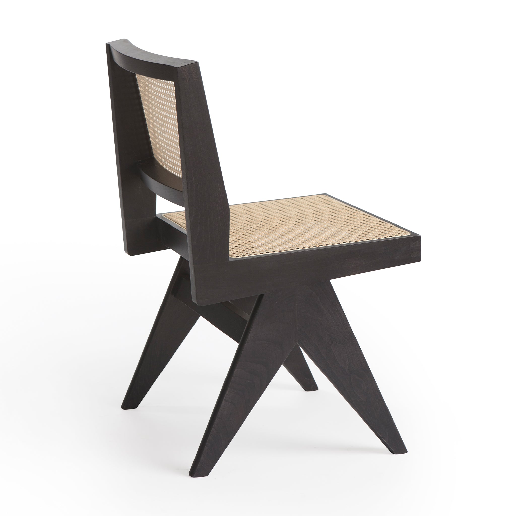 Back view of an authentic chandigarh side chair, pierre jeanneret era, black frame, viennese cane, produced by Klarel. #K38-2