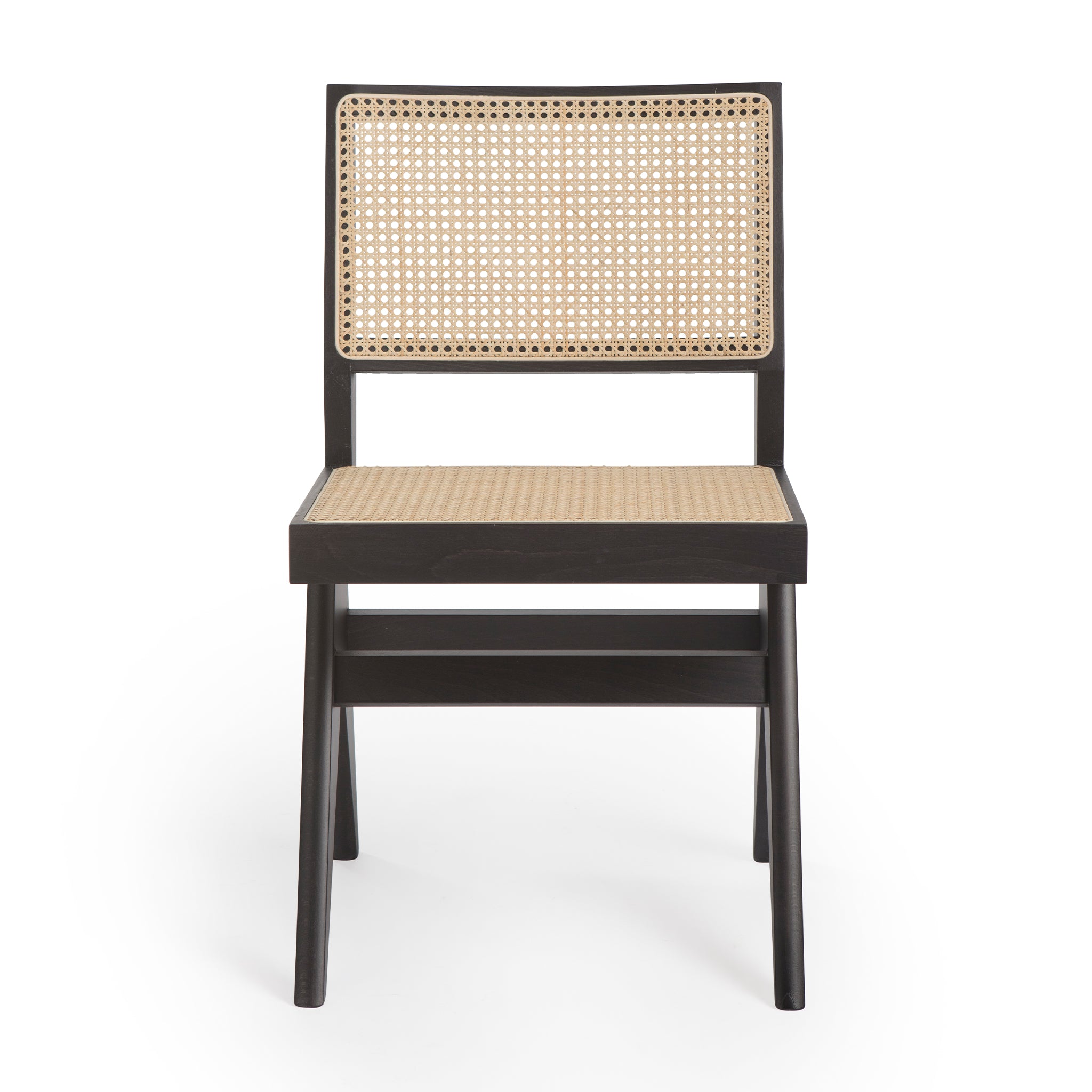 Front view of an authentic chandigarh side chair, pierre jeanneret era, black frame, viennese cane, produced by Klarel. *picture2 #K38-2