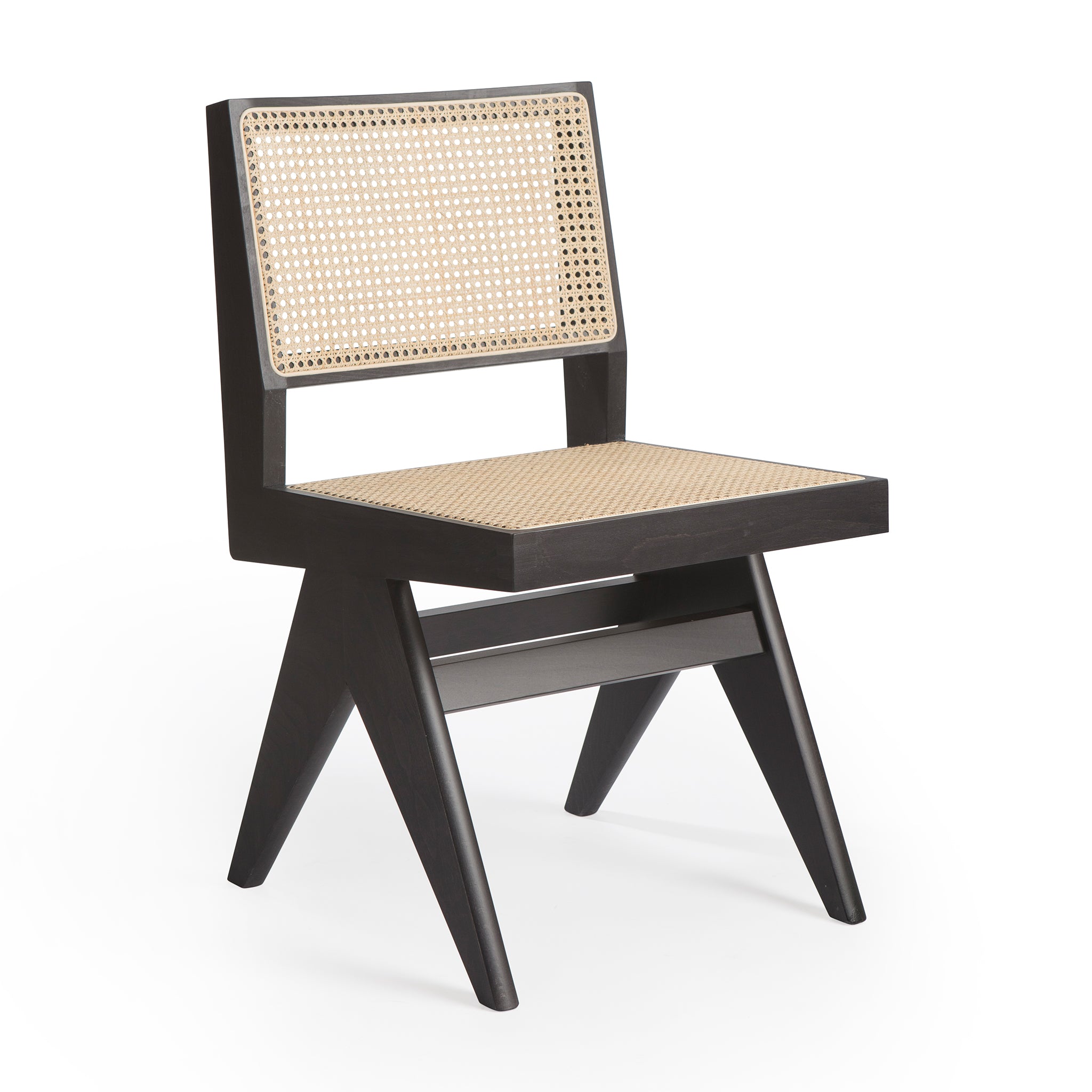 Main view of an authentic chandigarh side chair, pierre jeanneret era, black frame, viennese cane, produced by Klarel. #K38-2