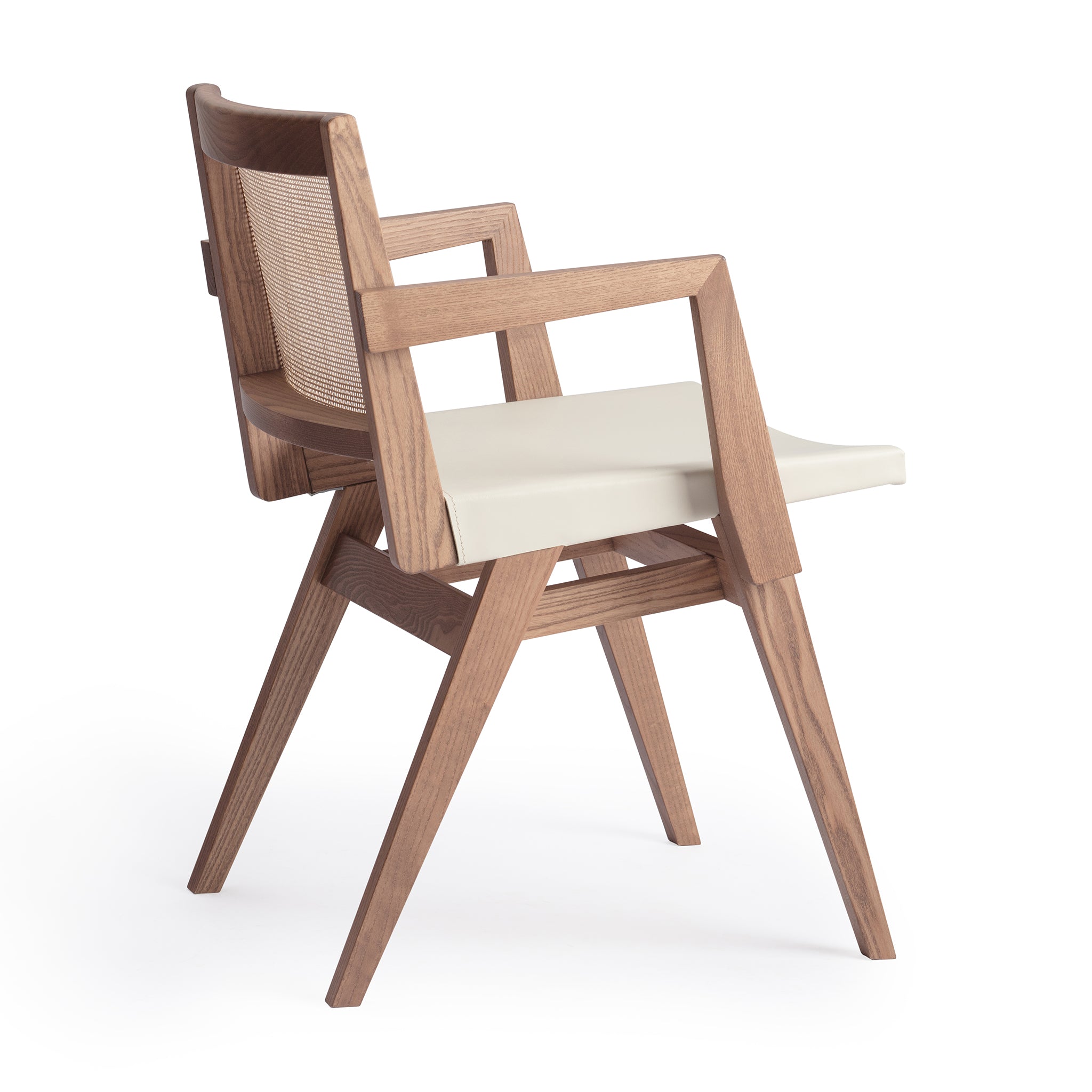 Back view of an "Elye" designer dining chair, walnut stained ash frame, square weave cane back, contract grade off white leather seat, produced by Klarel in Italy. #K40-1