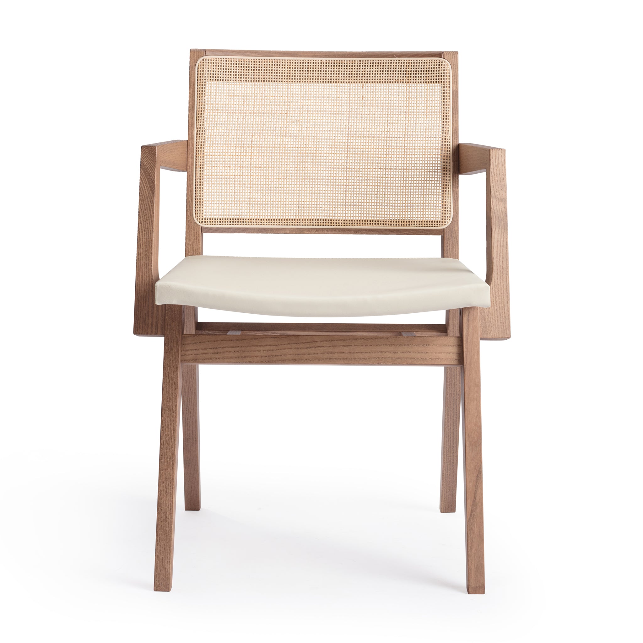 Front view of an "Elye" designer dining chair, walnut stained ash frame, square weave cane back, contract grade off white leather seat, produced by Klarel in Italy. #K40-1
