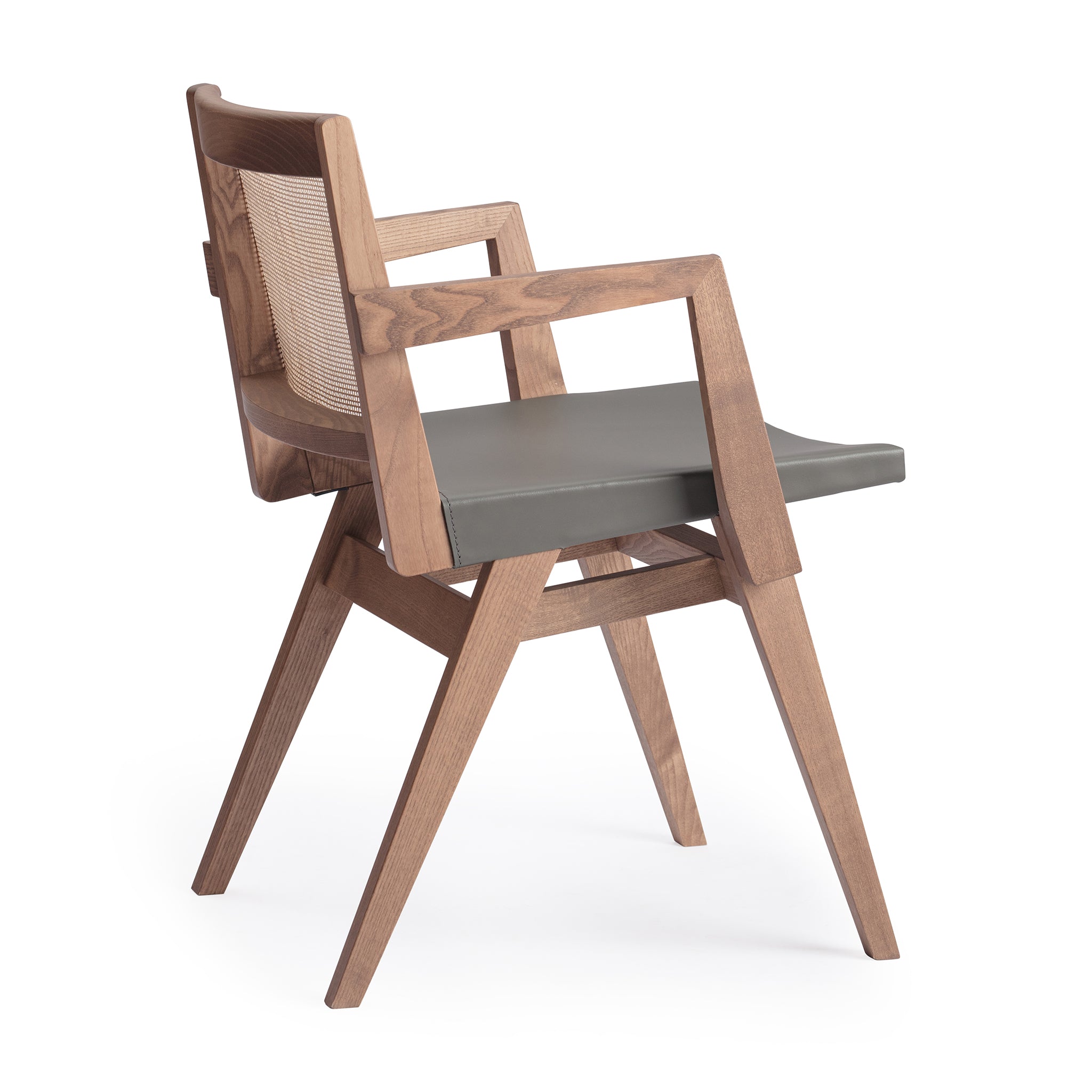 Back view of an Elye armed modern dining chair, walnut stained ash frame, square weave cane back, contract grade gray leather seat, produced by Klarel in Italy. #K40-2