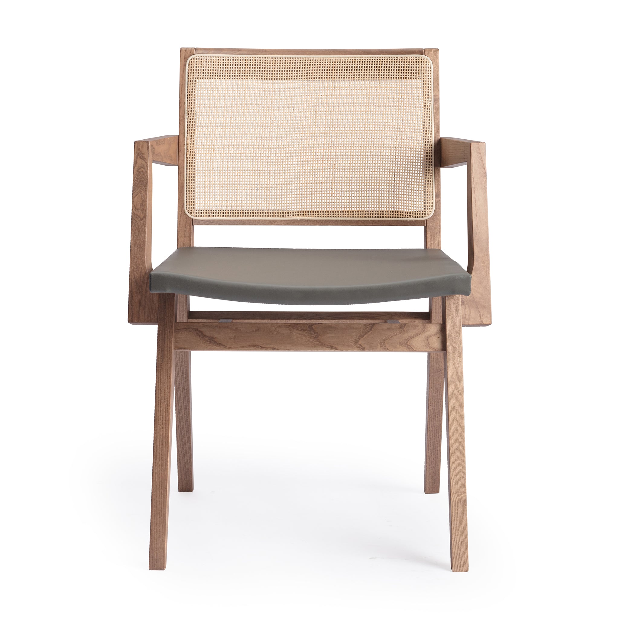 Front view of an "Elye" designer dining chair, walnut stained ash frame, square weave cane back, contract grade off white leather seat, produced by Klarel in Italy. #K40-2