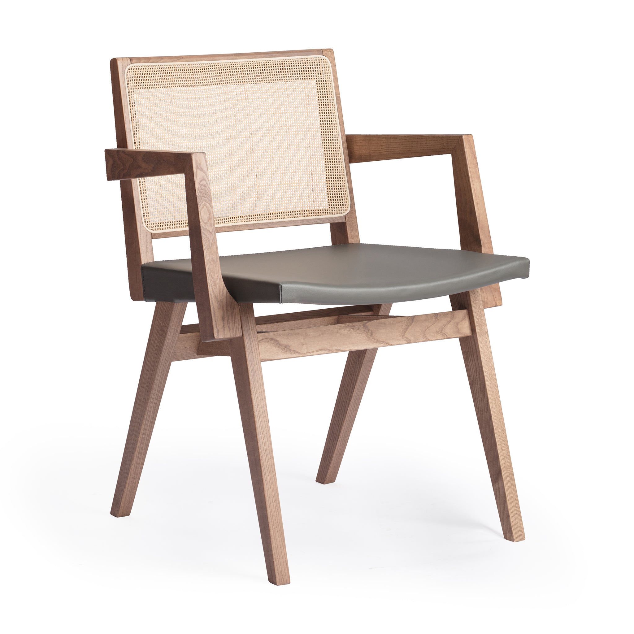 Main view of an "Elye" designer dining chair, walnut stained ash frame, square weave cane back, contract grade off white leather seat, produced by Klarel in Italy. #K40-2