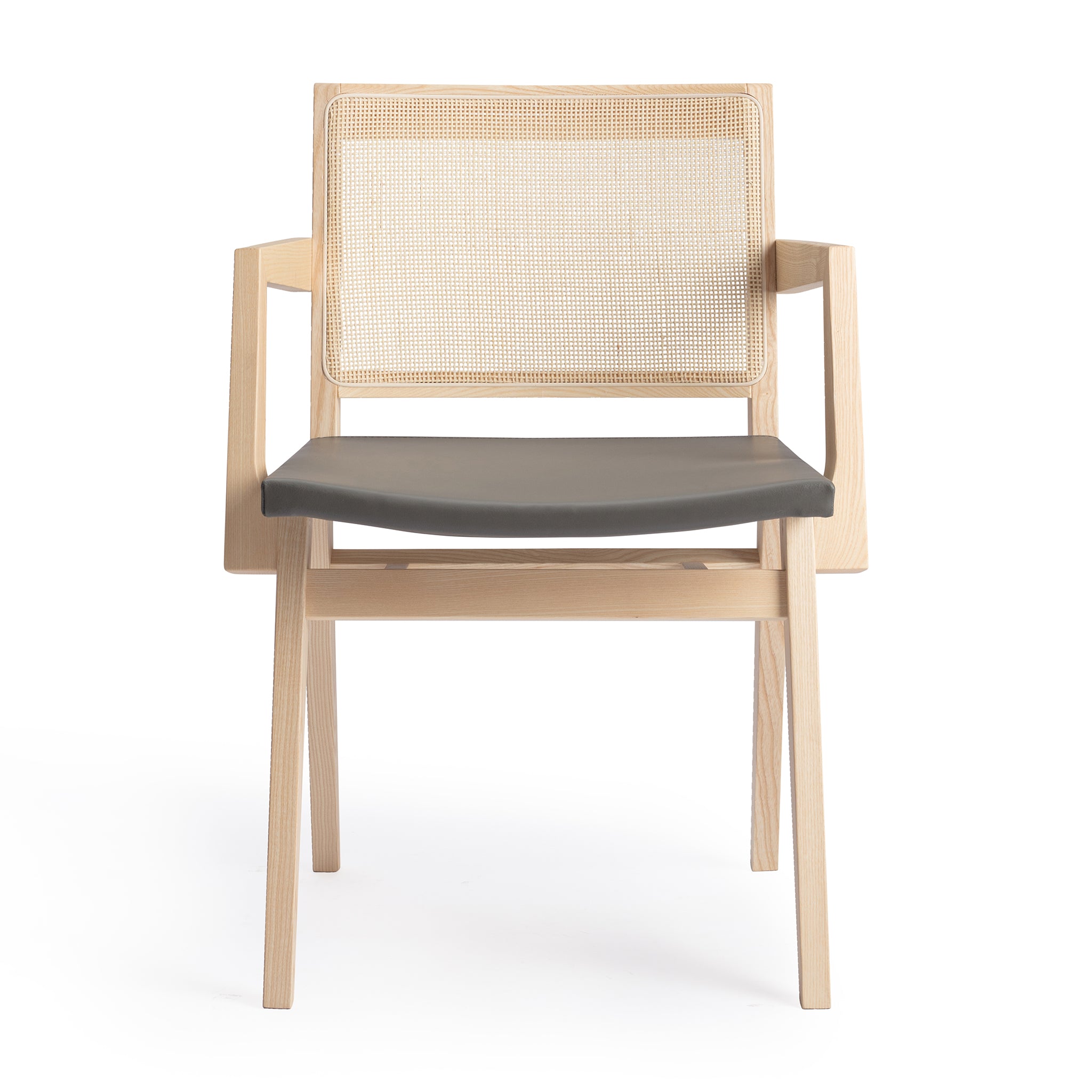 Front view of an "Elye" designer dining chair, walnut stained ash frame, square weave cane back, contract grade off white leather seat, produced by Klarel in Italy. *picture2 #K40-3