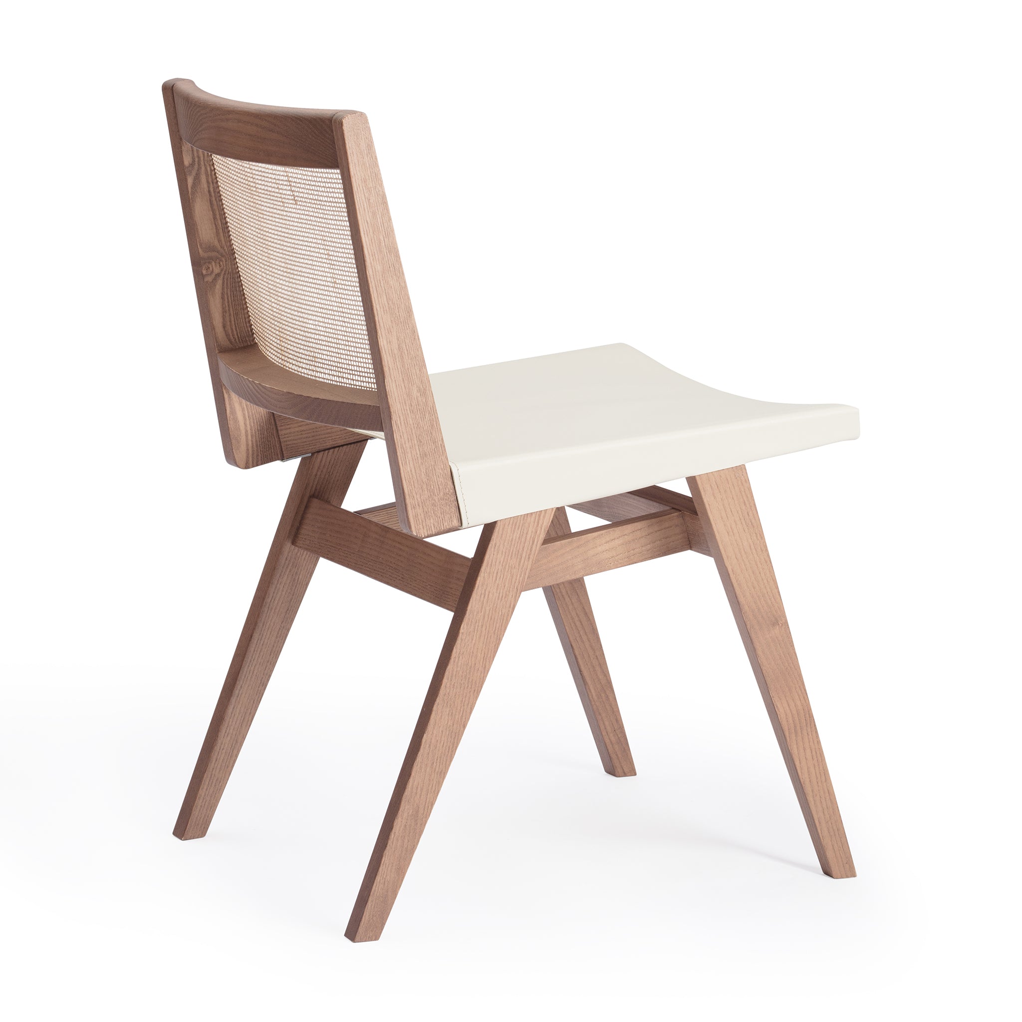 Back view of an "Elye" modern dining chair, walnut stained ash frame, square weave cane back, contract grade off white leather seat, produced by Klarel in Italy. #K41-1