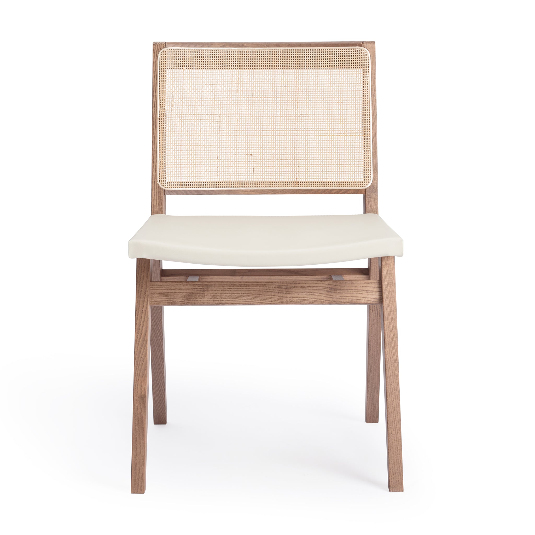 Front view of an "Elye" modern dining chair, walnut stained ash frame, square weave cane back, contract grade off white leather seat, produced by Klarel in Italy. #K41-1