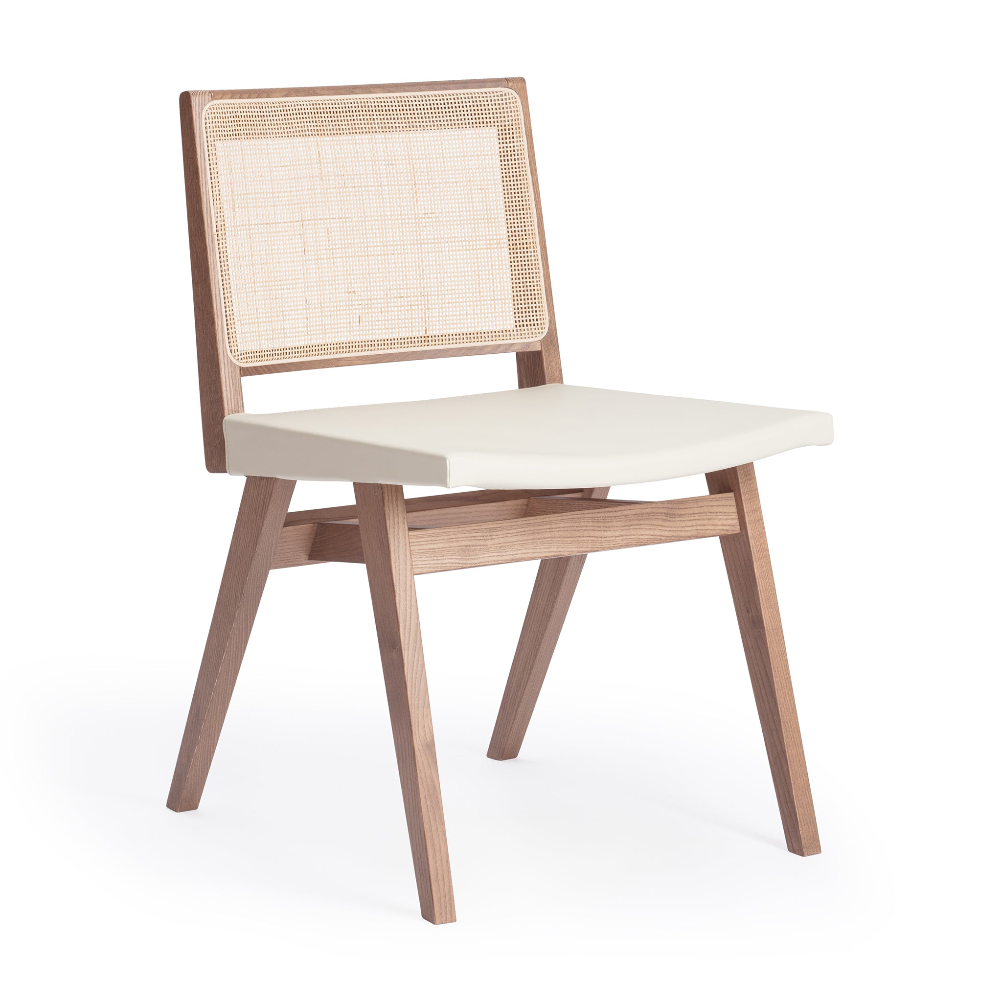 Main view of an Elye modern dining side chair, walnut stained ash frame, square weave cane back, contract grade off white leather seat, produced by Klarel in Italy. #K41-1