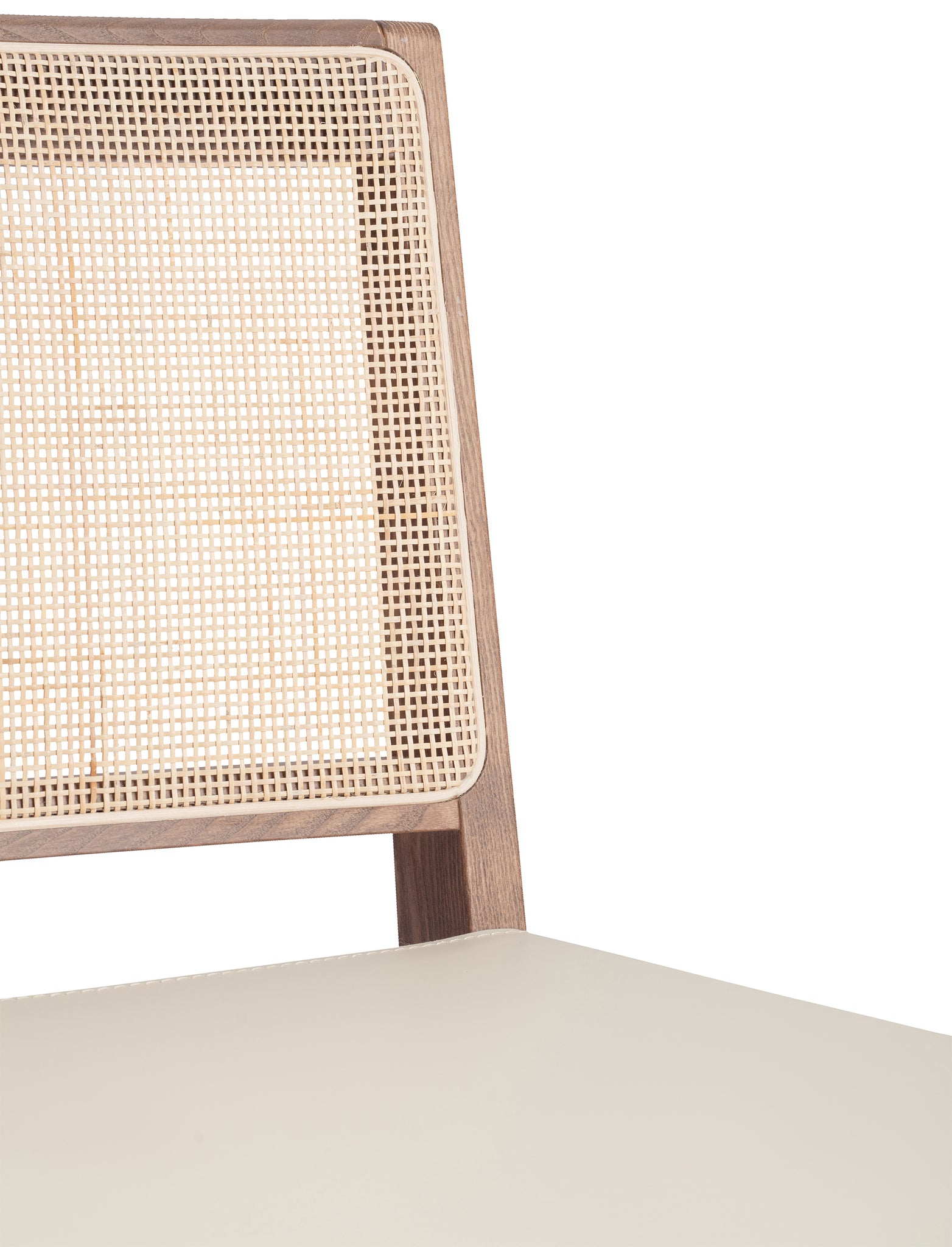 Close-up 2 of an "Elye" modern dining chair, walnut stained ash frame, square weave cane back, contract grade off white leather seat, produced by Klarel in Italy. #K41-1