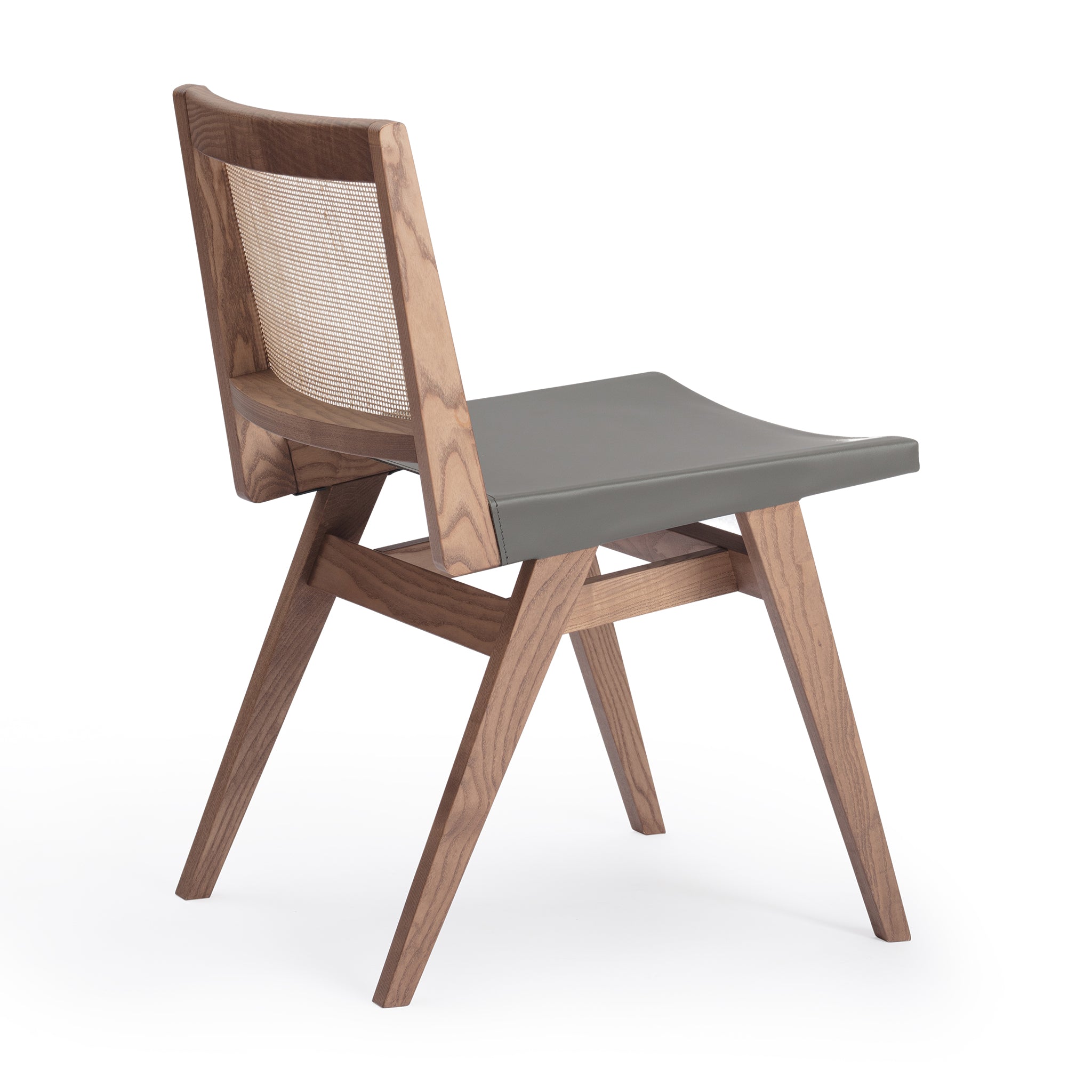Back view of an Elye modern dining side chair, walnut stained ash frame, square weave cane back, contract grade gray leather seat, produced by Klarel in Italy. #K41-2