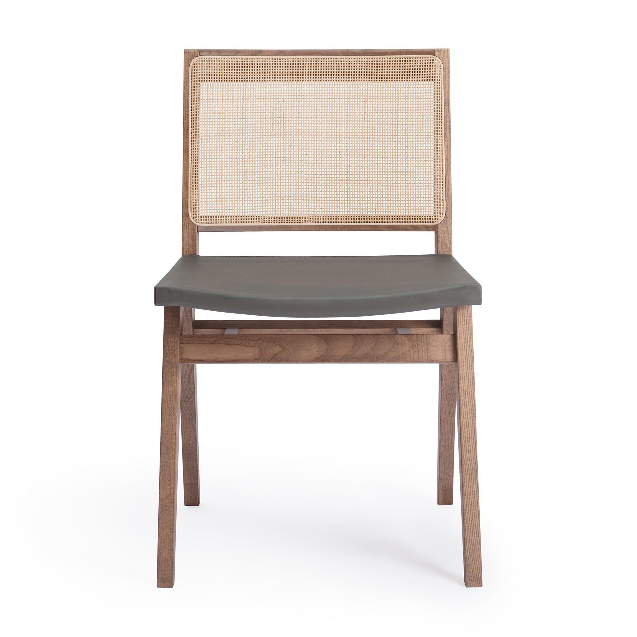 Front view of an Elye modern dining side chair, walnut stained ash frame, square weave cane back, contract grade gray leather seat, produced by Klarel in Italy. *picture2 #K41-2