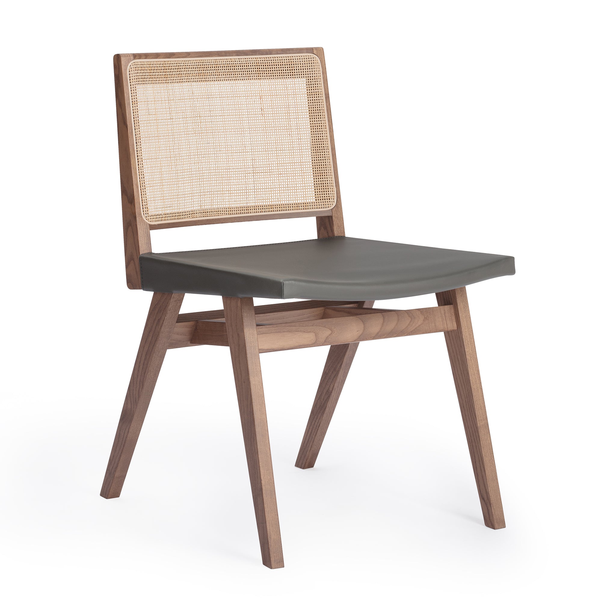 Main view of an Elye modern dining side chair, walnut stained ash frame, square weave cane back, contract grade gray leather seat, produced by Klarel in Italy. #K41-2