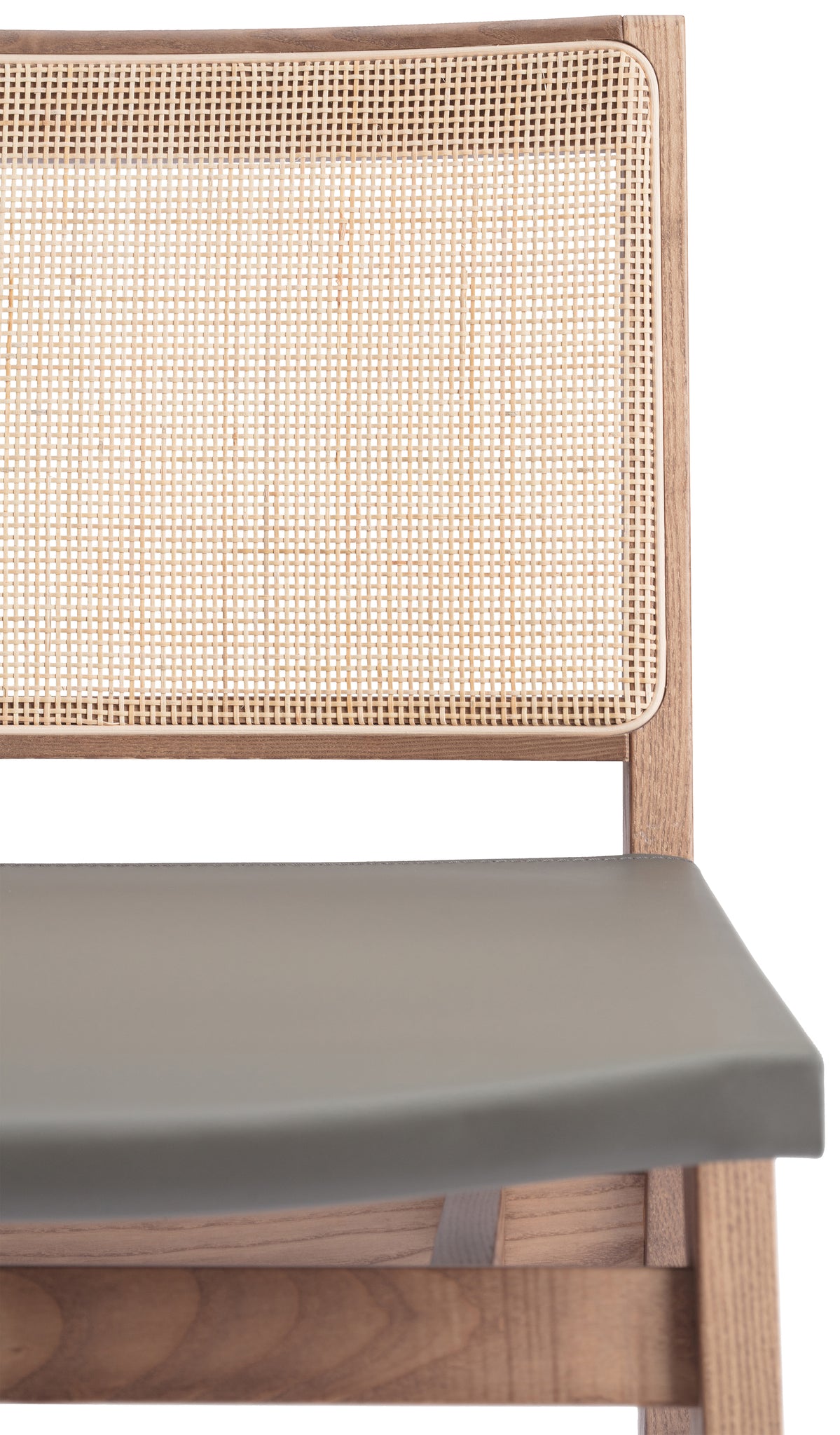 Close-up 1 of an Elye modern dining side chair, walnut stained ash frame, square weave cane back, contract grade gray leather seat, produced by Klarel in Italy. #K41-2