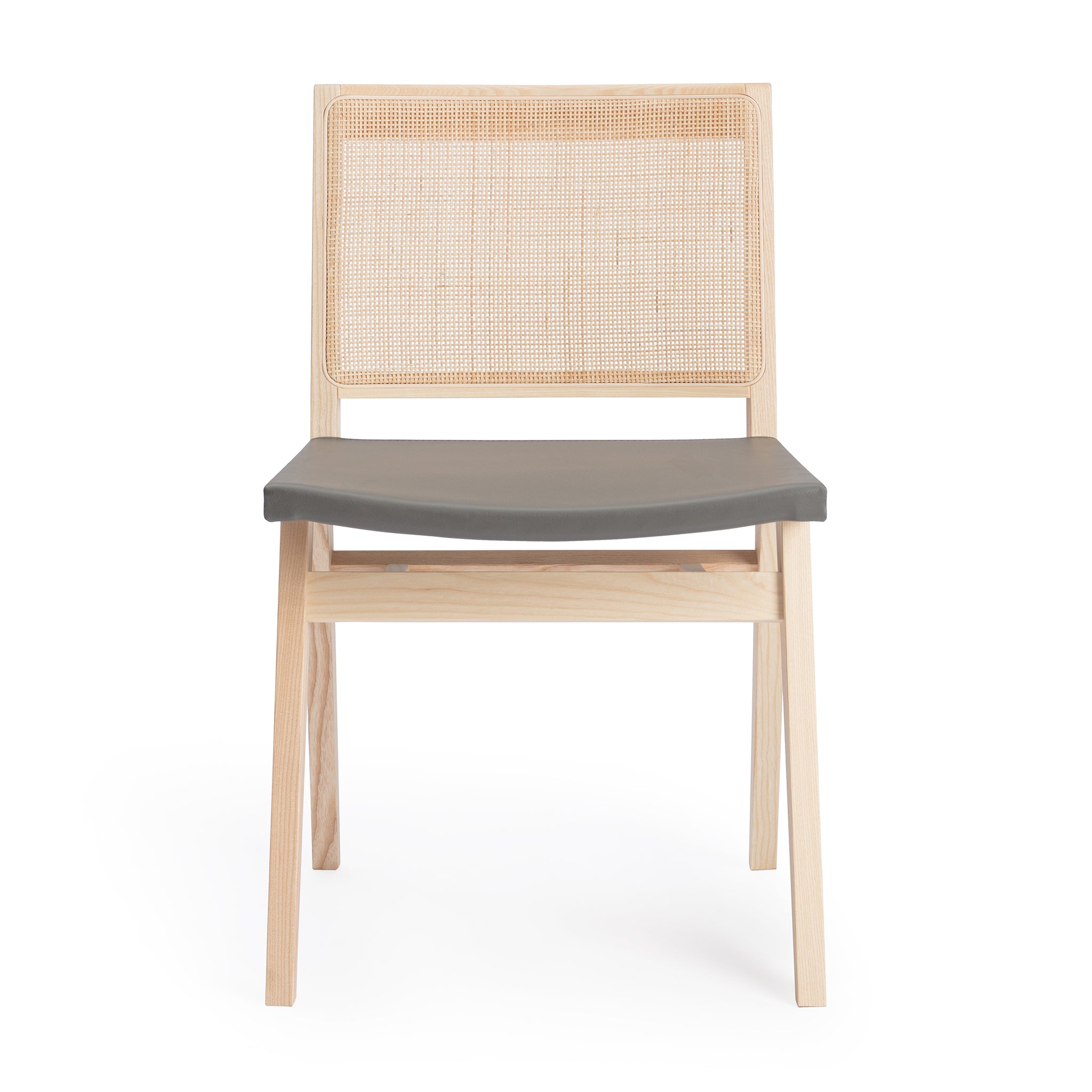 Front view of an "Elye" modern dining chair, walnut stained ash frame, square weave cane back, contract grade off white leather seat, produced by Klarel in Italy. #K41-3