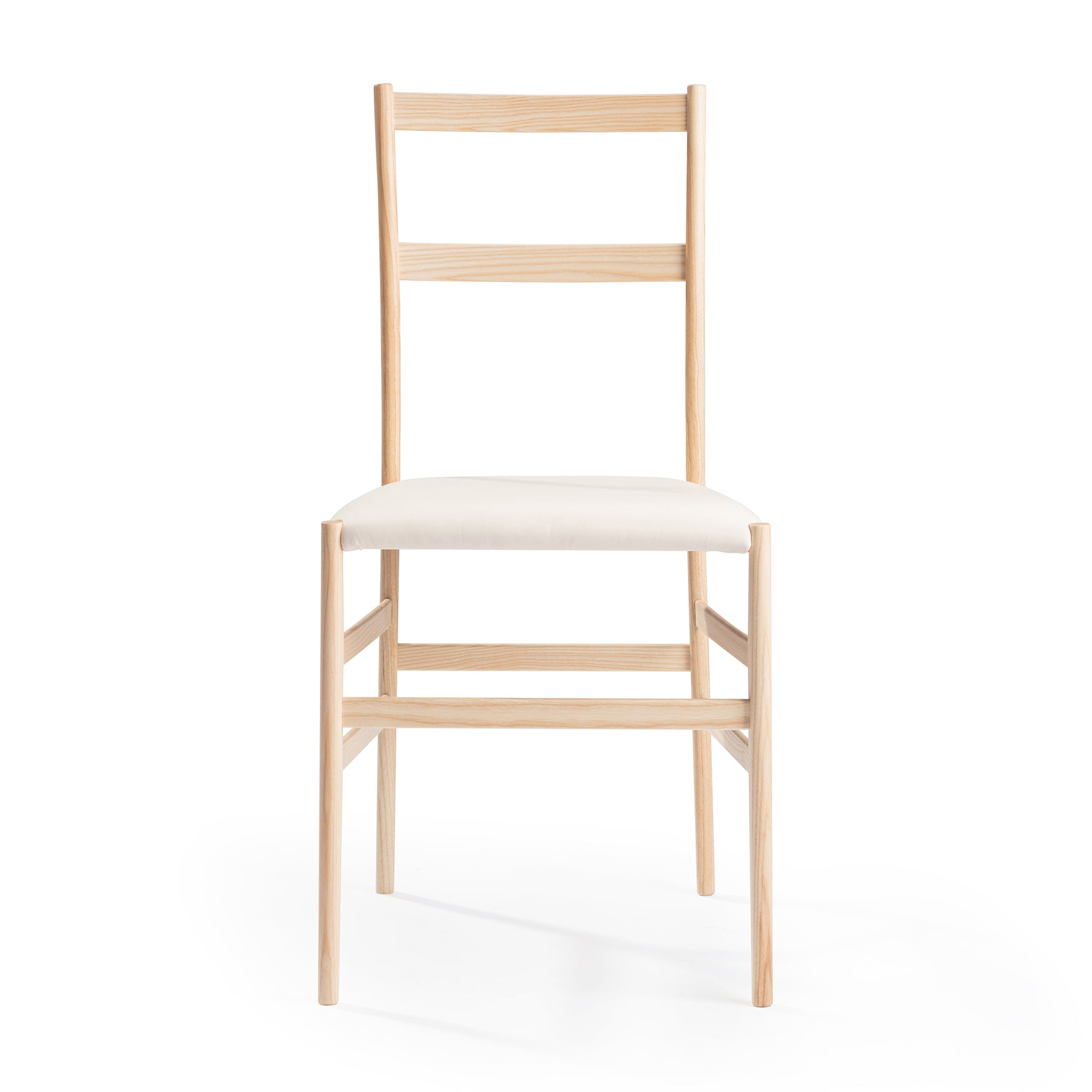 Front view of a Snella Modern Side Chair, natural ash frame, soft white leather seat, closely resembling the superleggera chair by Gio Ponti, ultra-lightweight at 5 lbs, contract grade. Manufactured by Klarel in Italy. *picture2 #K42-1