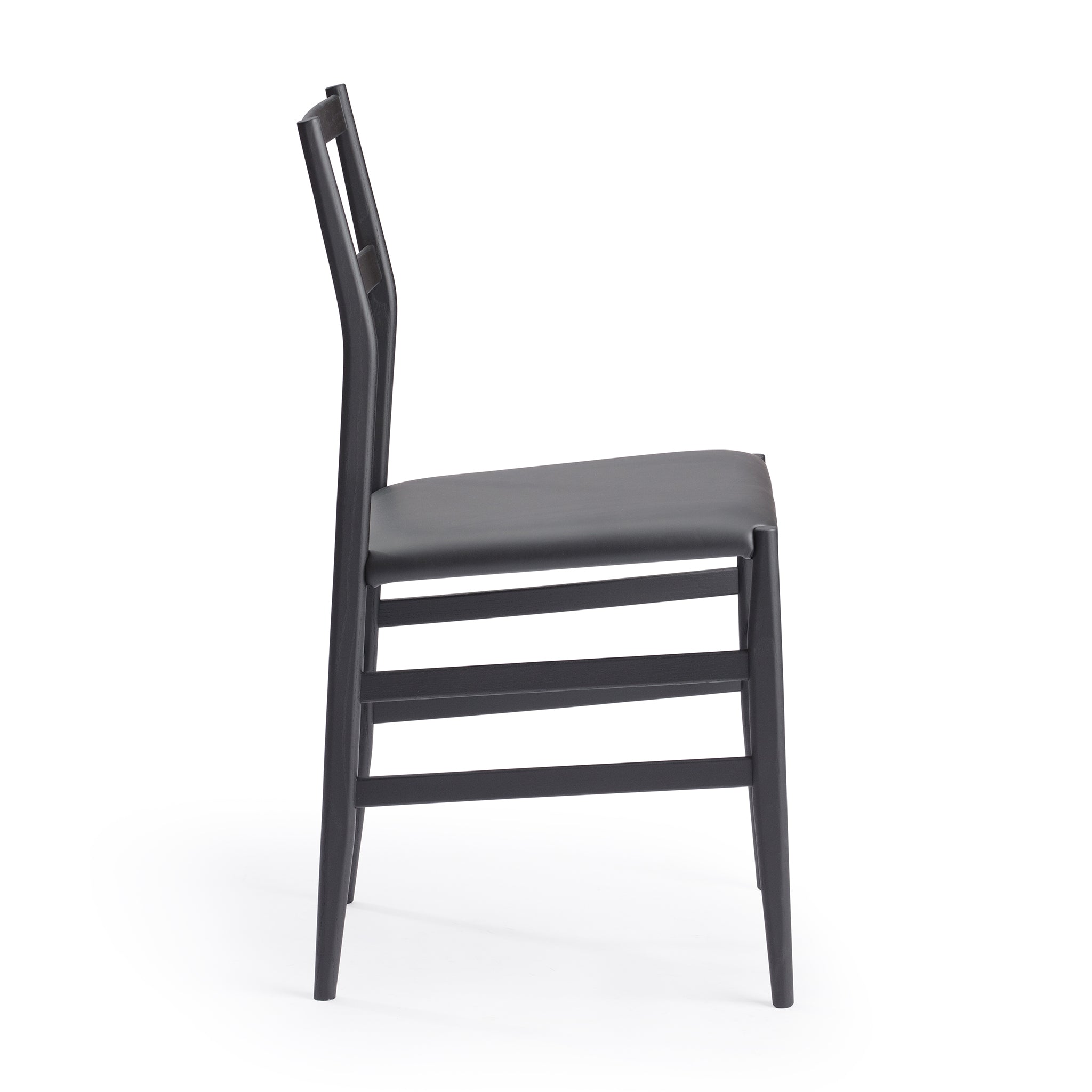Side view of a Snella Modern Side Chair, black ash frame and black leather seat, closely resembling the superleggera chair by Gio Ponti, ultra-lightweight at 5 lbs, contract grade. Manufactured by Klarel in Italy. #K42-3