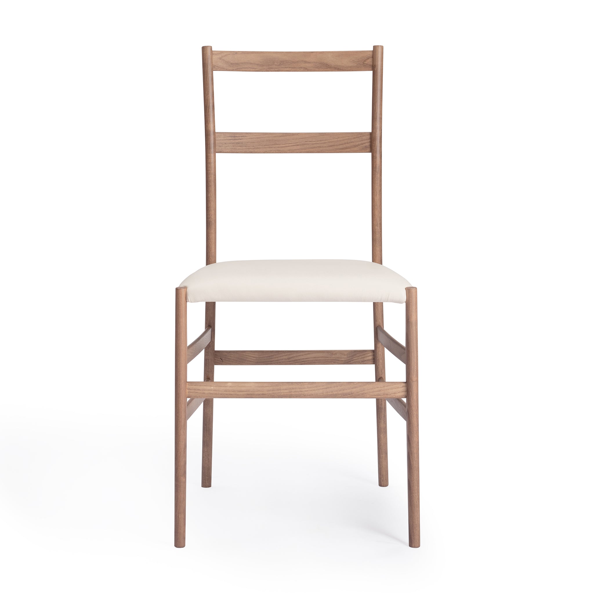 Front view of a Snella Modern Side Chair, walnut stained ash frame, soft white leather seat, closely resembling the superleggera chair by Gio Ponti, ultra-lightweight at 5 lbs, contract grade. Manufactured by Klarel in Italy. #K42-4