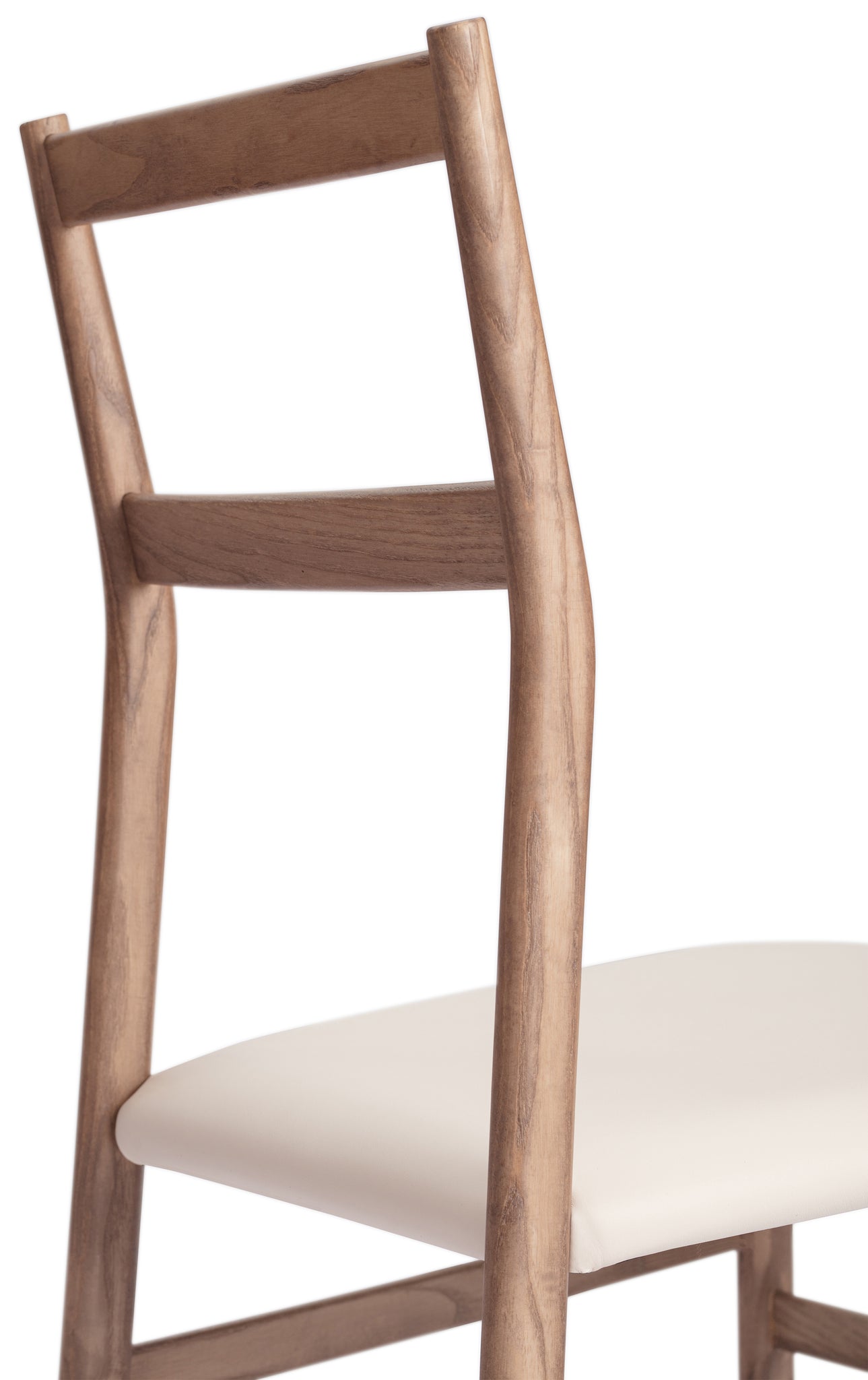 Close-up 1 of a Snella Modern Side Chair, walnut stained ash frame, soft white leather seat, closely resembling the superleggera chair by Gio Ponti, ultra-lightweight at 5 lbs, contract grade. Manufactured by Klarel in Italy. #K42-4