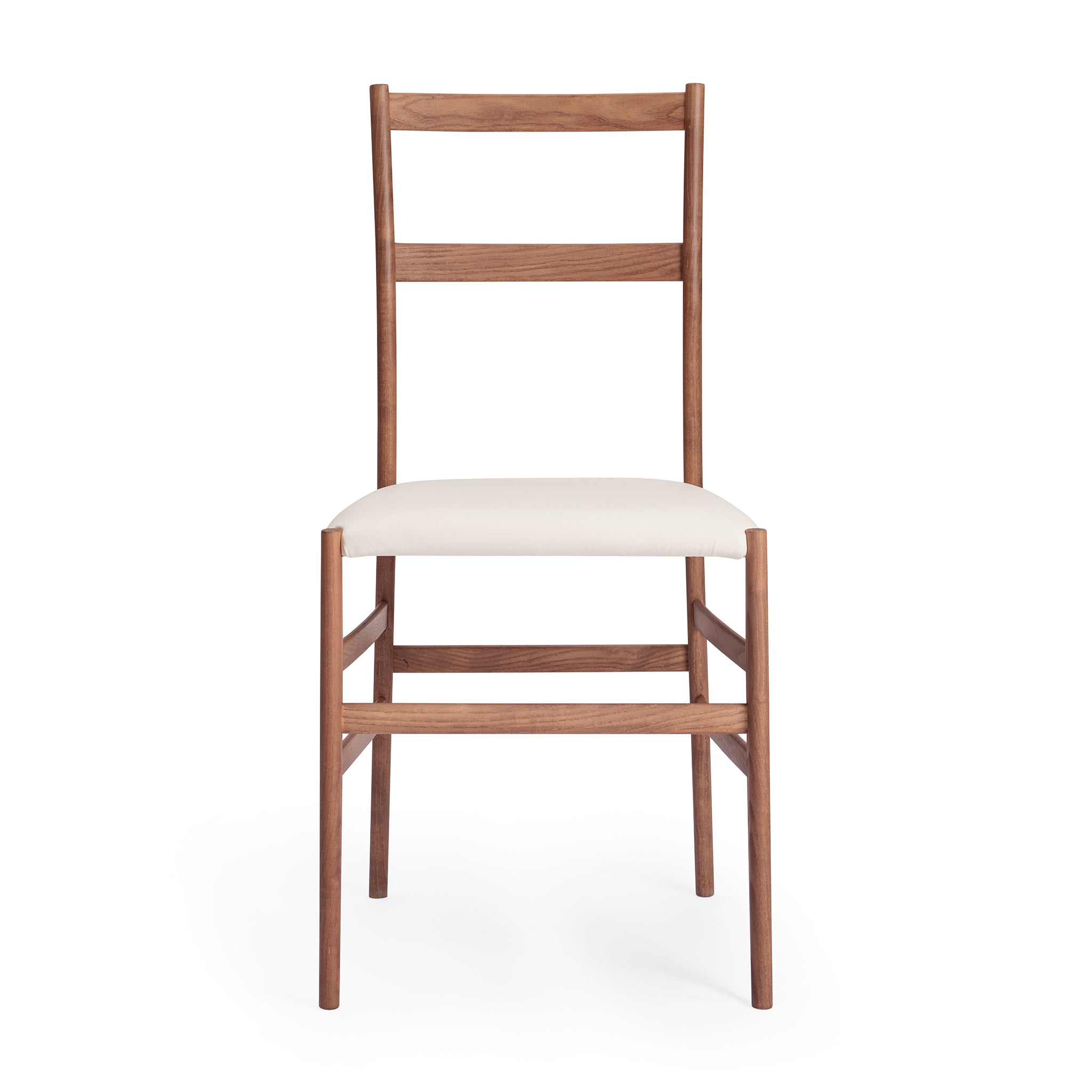 Front view of a Snella Modern Side Chair, american walnut frame, soft white leather seat, closely resembling the superleggera chair by Gio Ponti, ultra-lightweight at 5 lbs, contract grade. Manufactured by Klarel in Italy. #K42-5