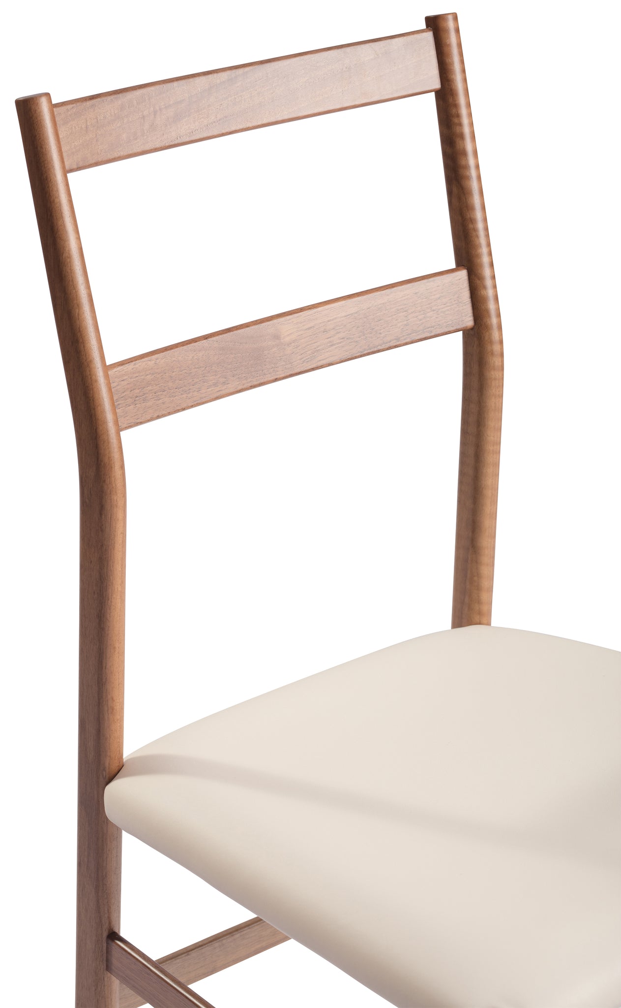 Close-up 2 of a Snella Modern Side Chair, american walnut frame, soft white leather seat, closely resembling the superleggera chair by Gio Ponti, ultra-lightweight at 5 lbs, contract grade. Manufactured by Klarel in Italy. #K42-5